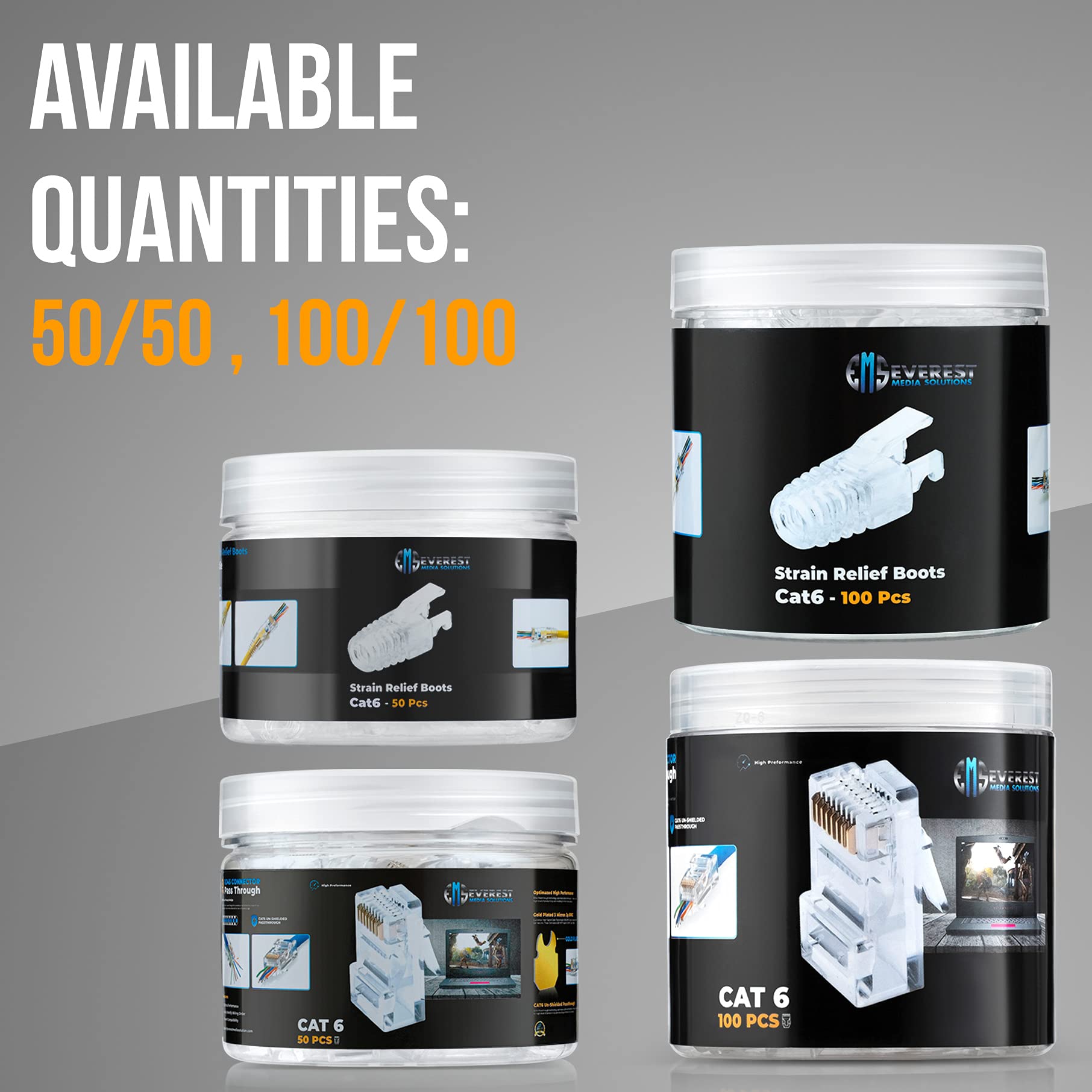 Everest Media Solutions Rj45 Cat6 Pass Through Connectors And Strain Relief Boots   Pack Of 100/100   Ez To Crimp Modular Plug F