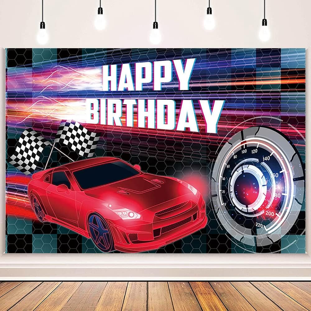 Mehofond 7X5Ft Car Racing Happy Birthday Backdrop, Red Racing Party Photo Background For Boys, Car Birthday Party Decorations Ca