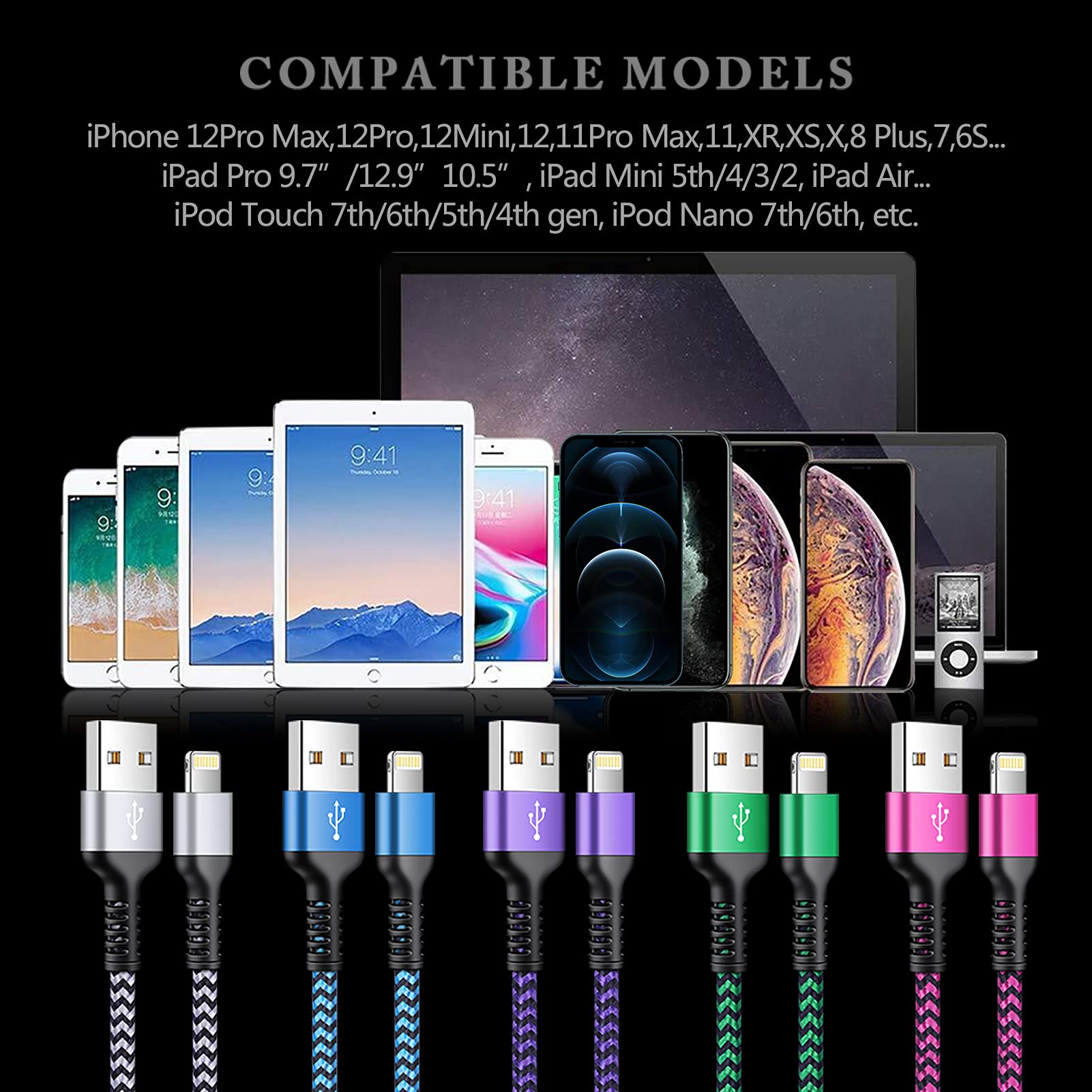Iphone Charger [5Pack/6Ft], Long Braided Lightning Cables, Fast Charging Power Adapter Cargador Cords For Iphone 14/13/12 Pro Ma