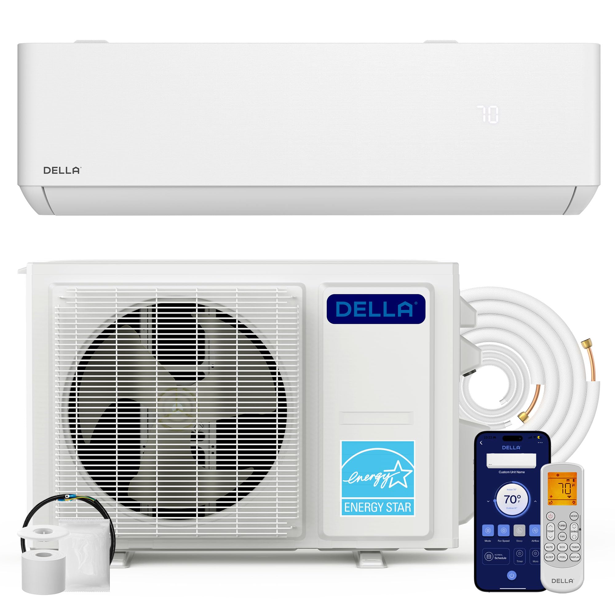 Della Hyper Heat 12,000 Btu Wifi Mini Split Ac, Work With Alexa,Energy Star 208/230V 23 Seer2 Cools Up To 550 Sq.Ft Inverter Ac