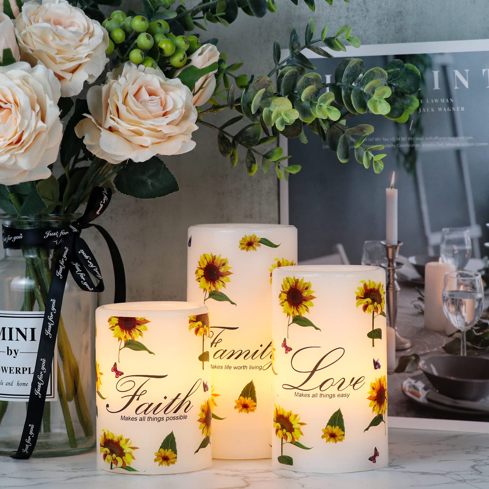 Dromance Sunflower Flameless Flickering Candles With 6H Timer, Set Of 3 Battery Operated White Real Wax Led Pillar Candles Party