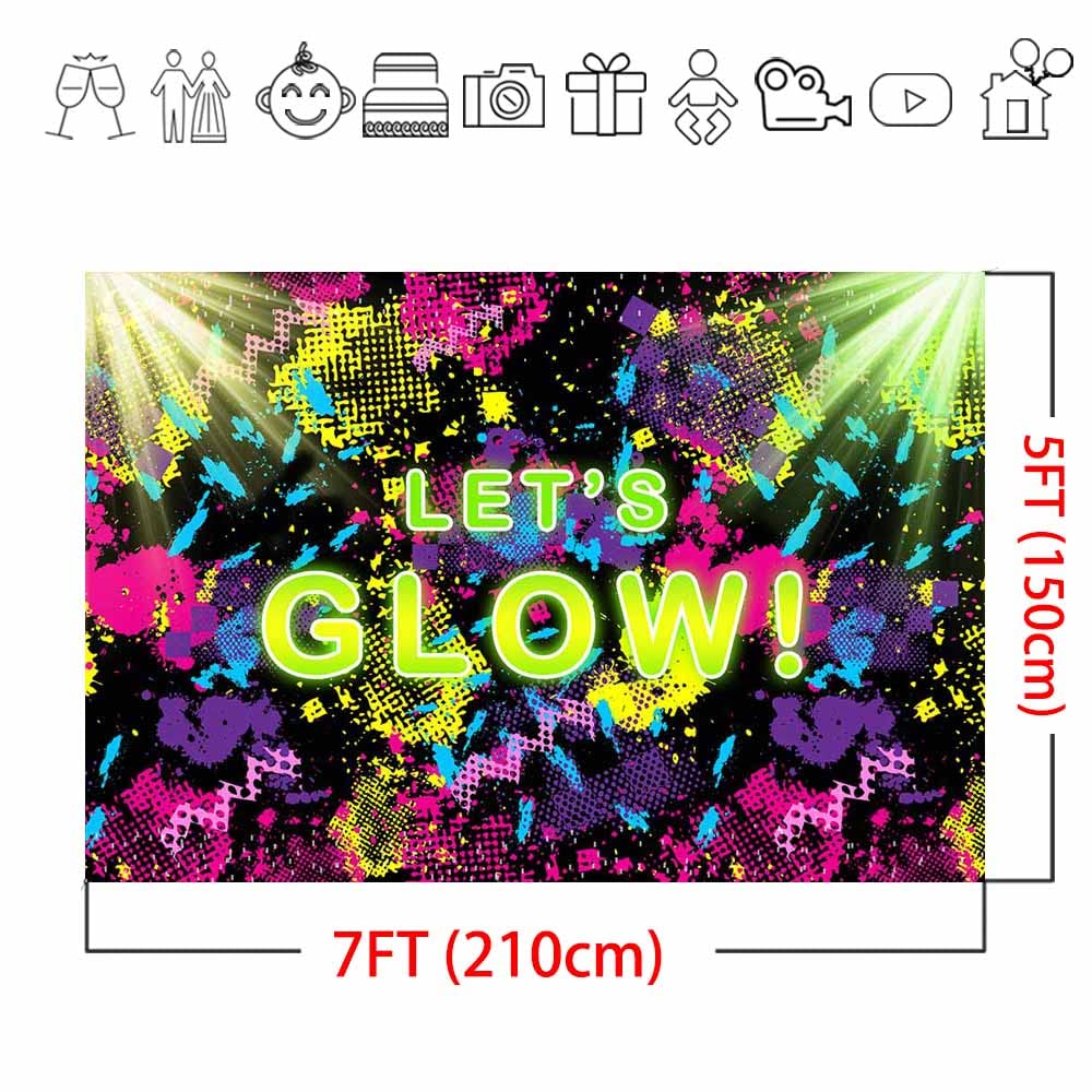 Mocsicka Let'S Glow Backdrop 7X5Ft Glow Neon Party Splatter Background Glow Theme Birthday Party Backdrop Neon Party Supplies Background Party Decoration