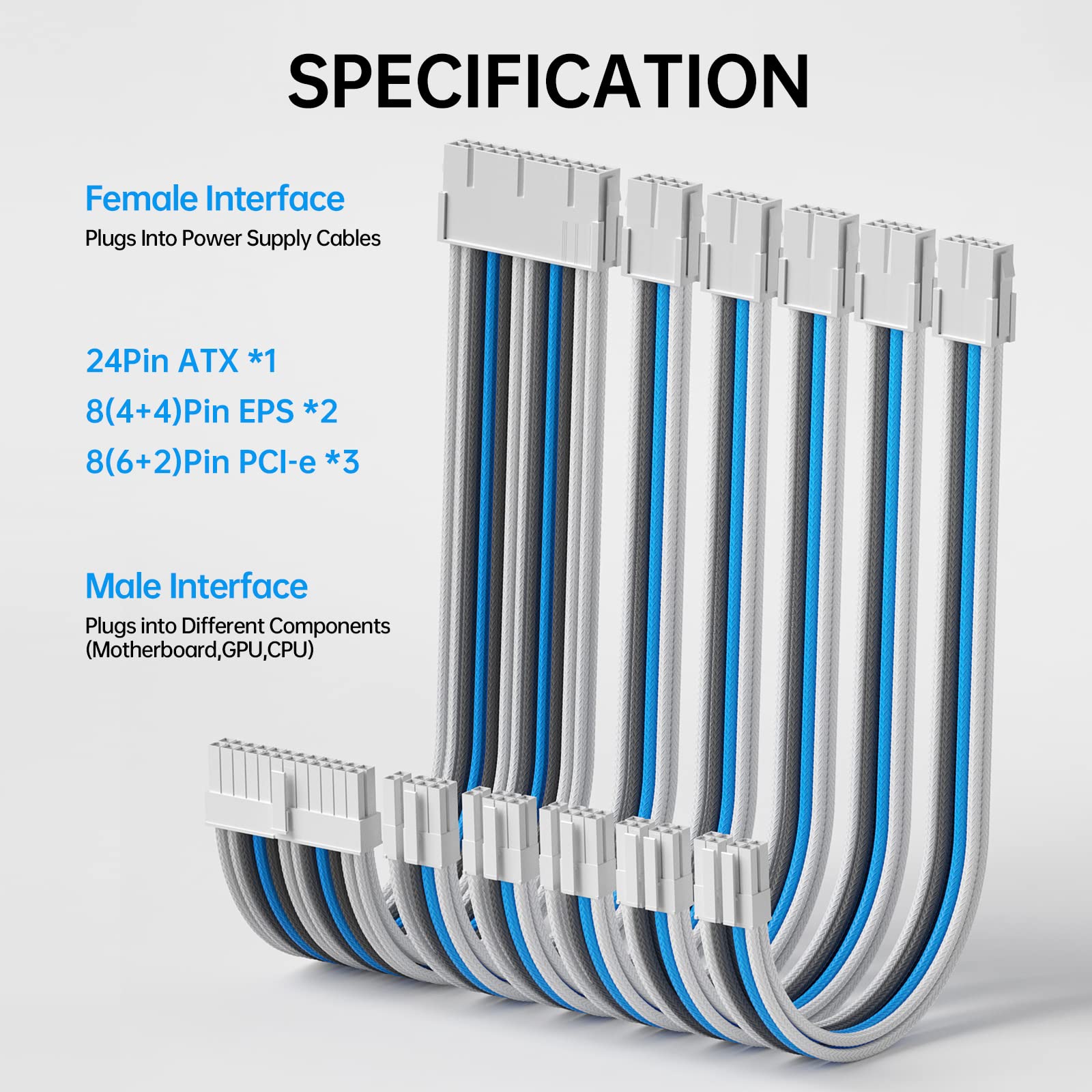 AsiaHorse Customization Mod Sleeve Extension Cable Kit 16AWG ATX/EPS/8-Pin PCI-E, Mix Color Blue-White, Model SnowPro6kit-Blue