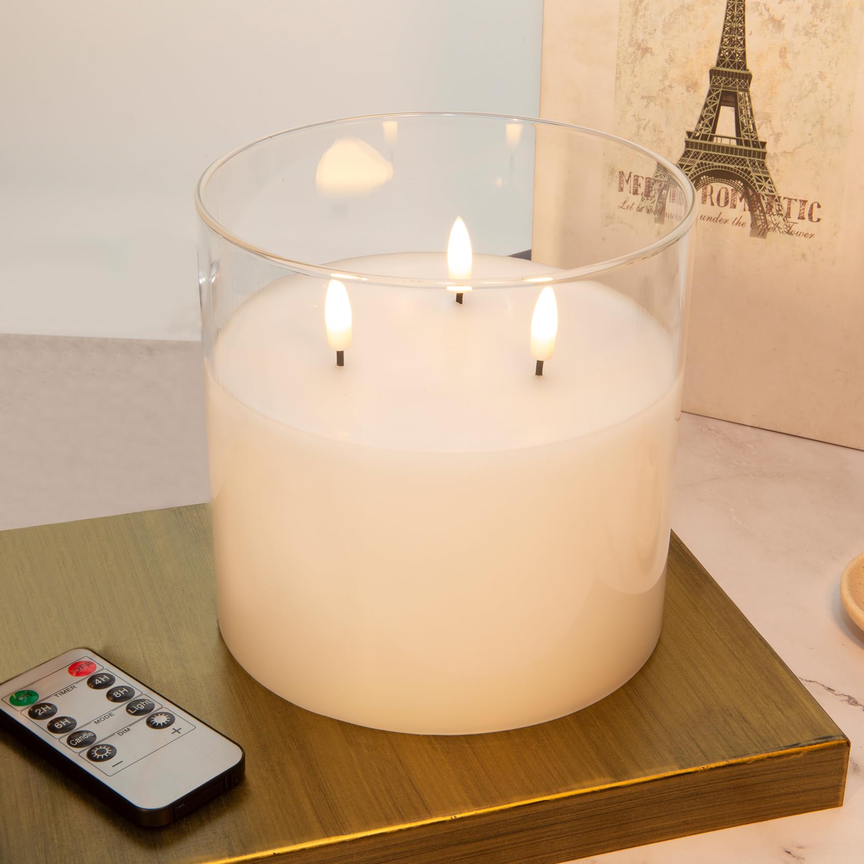 Eywamage 3 Wick Clear Glass Flameless Candle With Remote, Large Flickering Led Battery Pillar Candle F 6'' H 6''