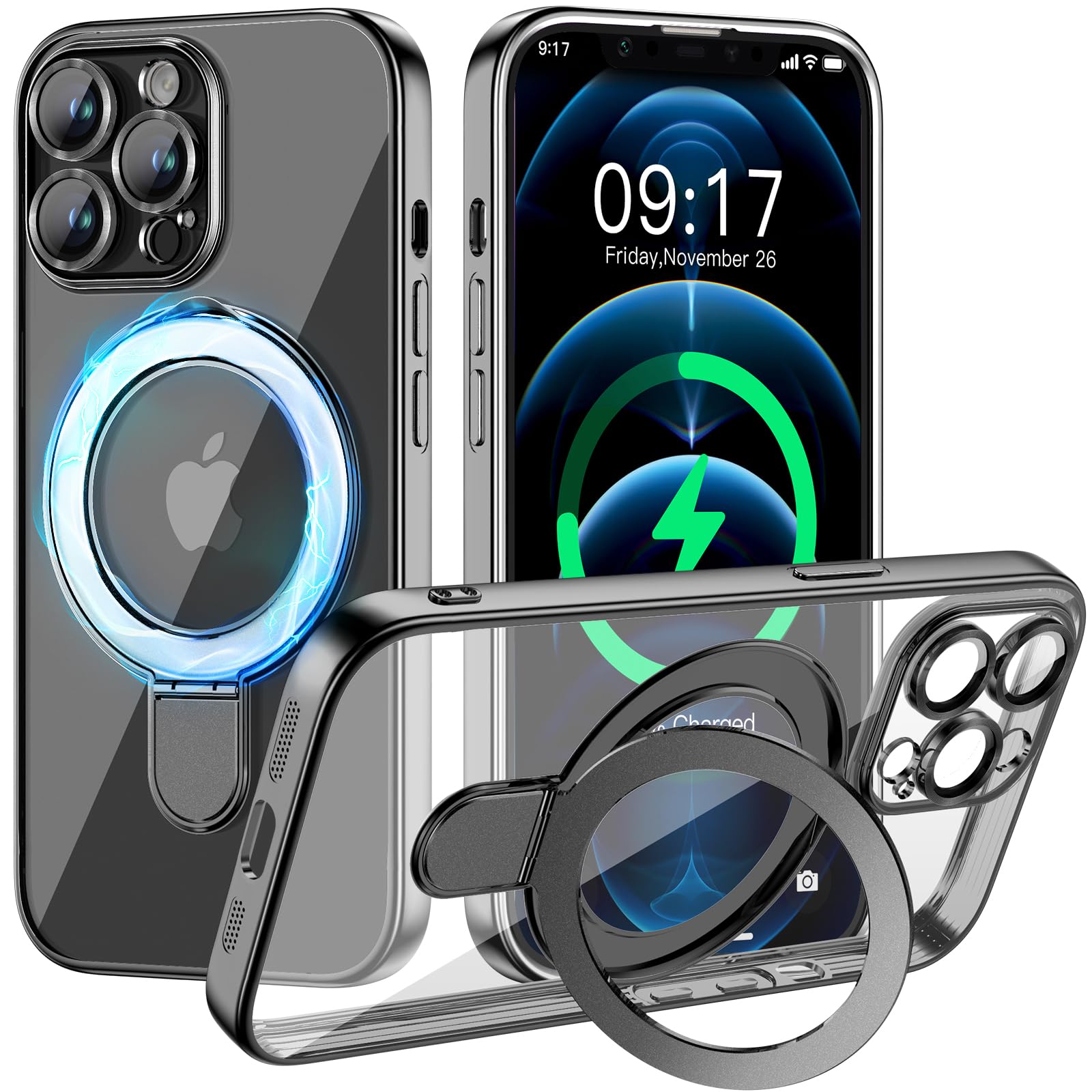 Pmteyoim Magnetic For Iphone 12 Pro Case With Invisible Stand[Compatible With Magsafe][Full Camera Lens Protector][Military Drop