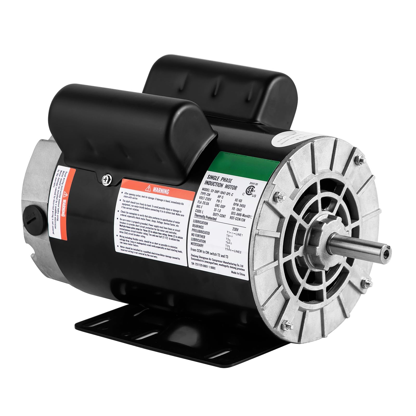 5 HP SPL Air Compressor Motor, 3450RPM 184T Frame Electric Motor, 230V, 1.88 Shaft Length, 5/8 Keyed Shaft, Dual CW/CCW Rotation