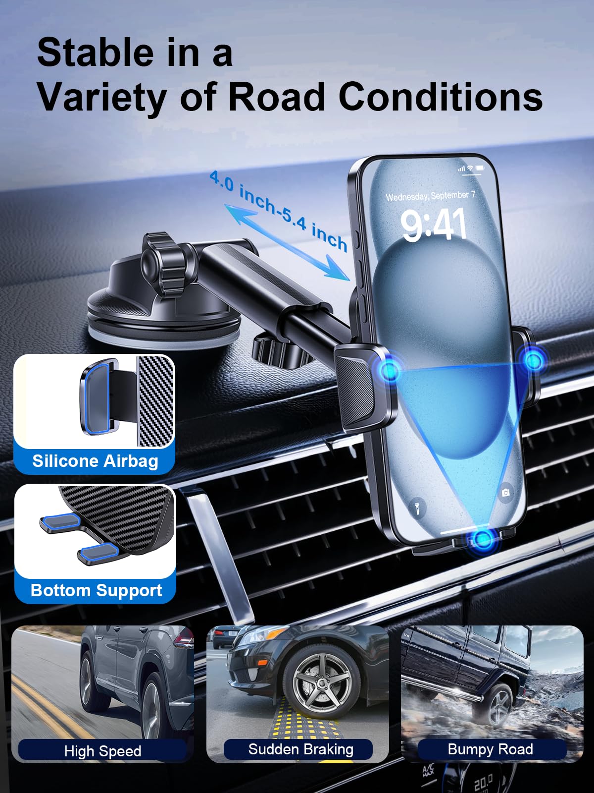 Rorhxia [2025 Most Stable & Flexible Suction Cup] 3-In-1 Car Phone Holder, Cell Phone Car Mount Fit For Vent/Dashboard/Windshiel