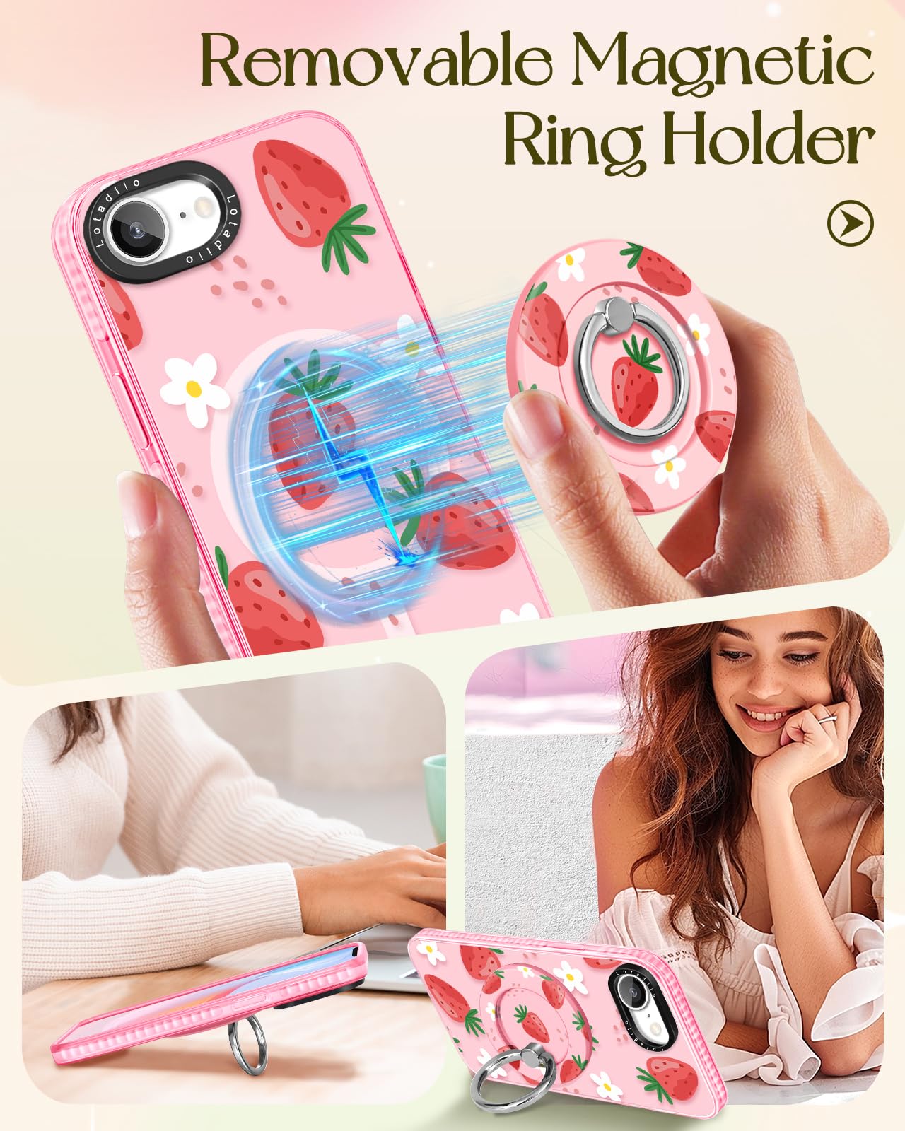 Lotadilo Cute Case For Iphone 16E For Women Girls - Funny Strawberry Flower Design Compatible With Magsafe Magnetic Ring Holder