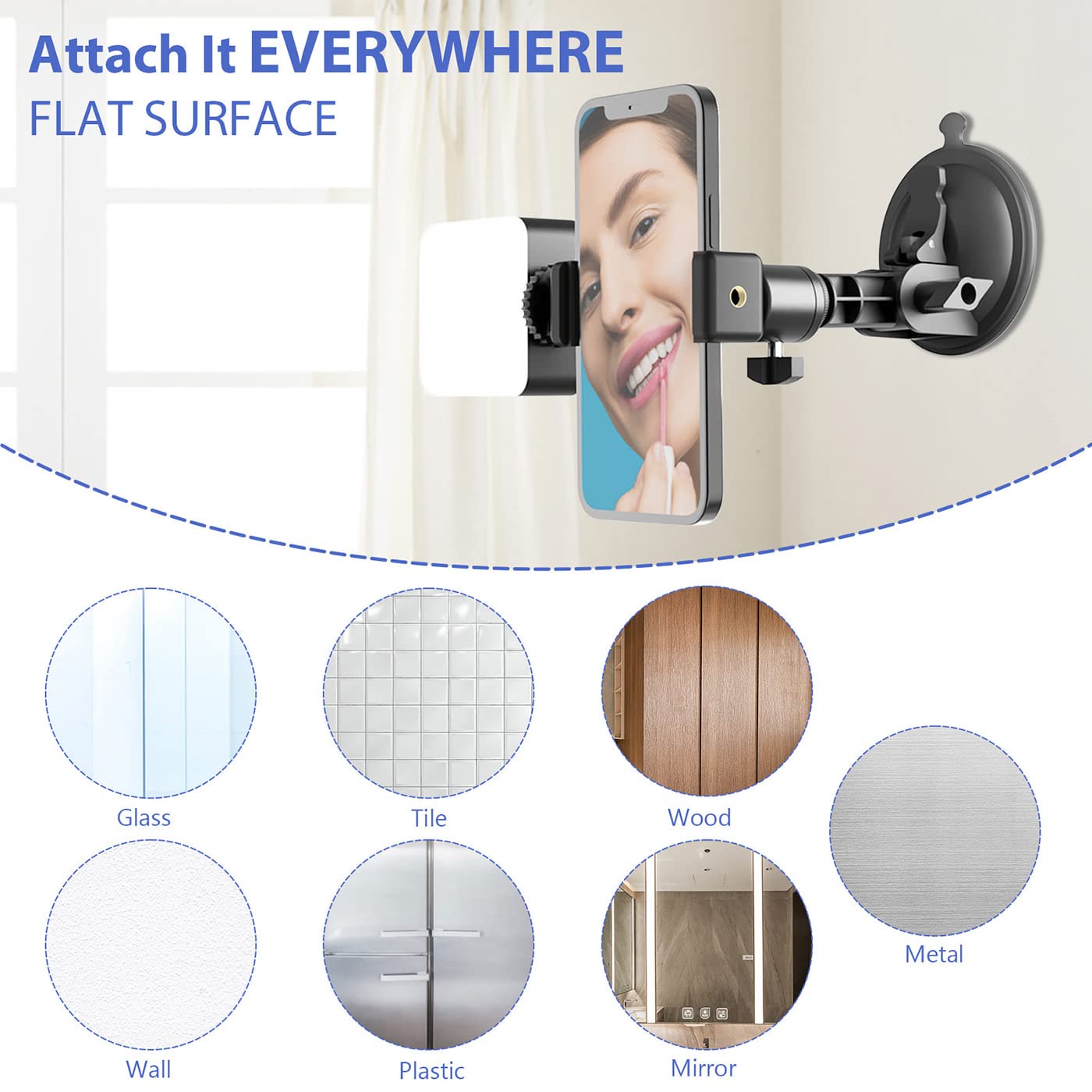 Lentok Suction Cup Mirror Phone Holder With Light, Travel Wall Phone Camera Mount For Makeup Content Creator Essentials, Mirror
