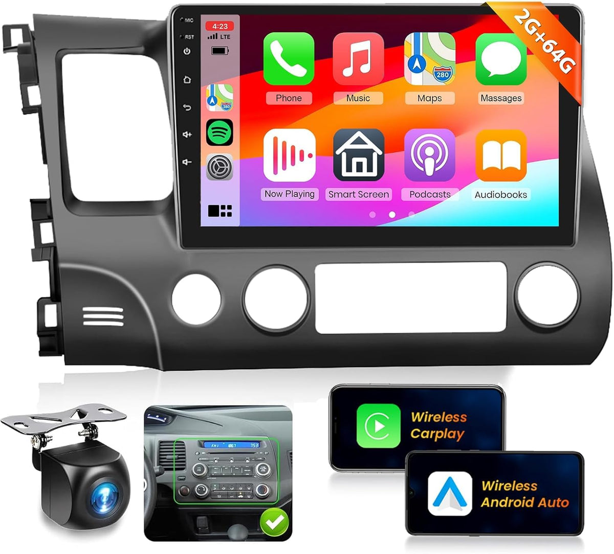 Podofo 2G 64G Car Stereo Radio For Honda Civic 2006 2011 With Wireless Carplay Android Auto Mirrorlink,10.1Inch Hd Ips Touch Screen Bluetooth Rds/Fm Radio 28Uis Gps 16Eq Wifi Swc Ahd Backup Camera+Mic