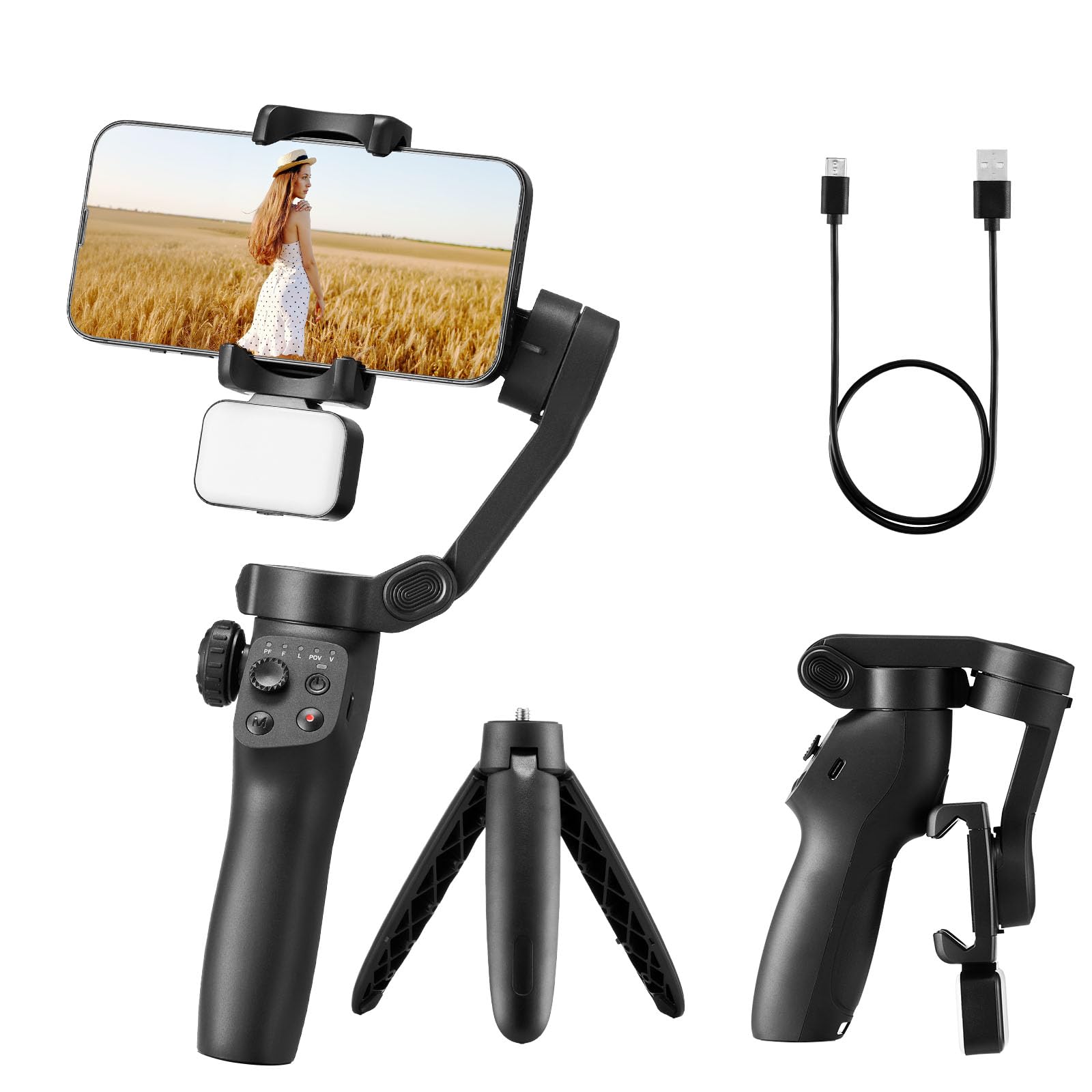 VEVOR Gimbal Stabilizer for Smartphone, 3-Axis Stabilization, Phone Gimbal for Android & iPhone with Magnetic Fill Light, Face T