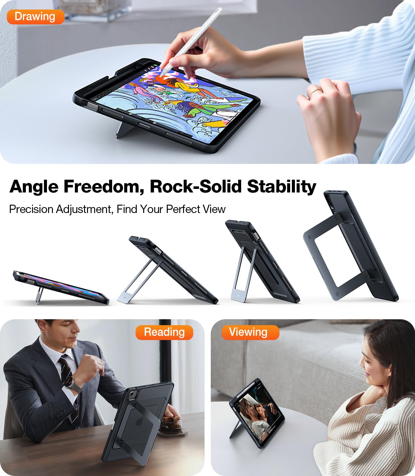 Torras Ostand For Ipad Air 11 Inch Case M2 2024 & Ipad Air 6Th/ 5Th/ 4Th Generation Case Slim, Invisible Adjustable Portrait/Landscape Stand, Any Angle Viewing, Support Apple Pencil Pro/Usb C, Black