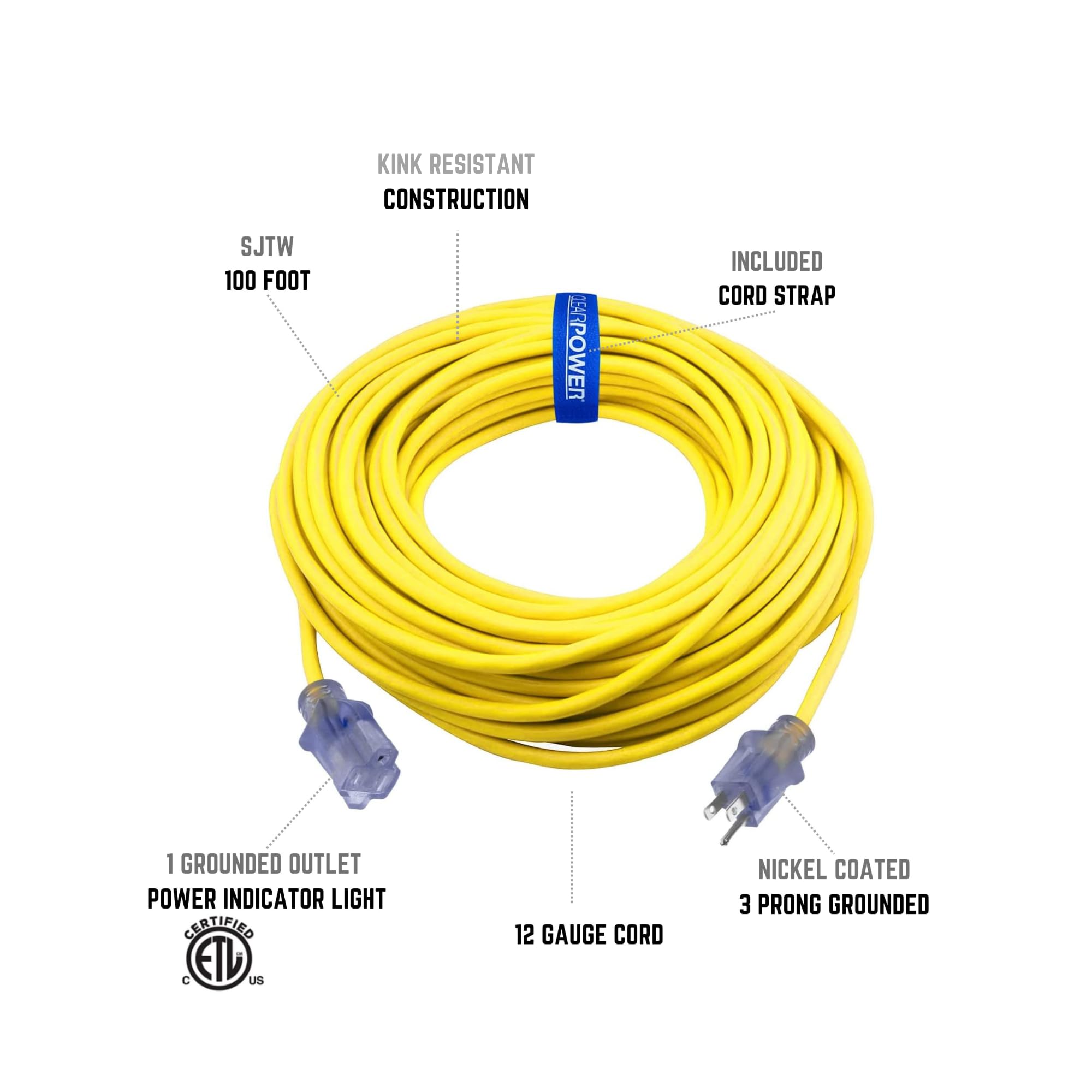 Clear Power 100Ft 12/3 Sjtw Yellow Outdoor Extension Cord W/Power Indicator Light, Cp10149