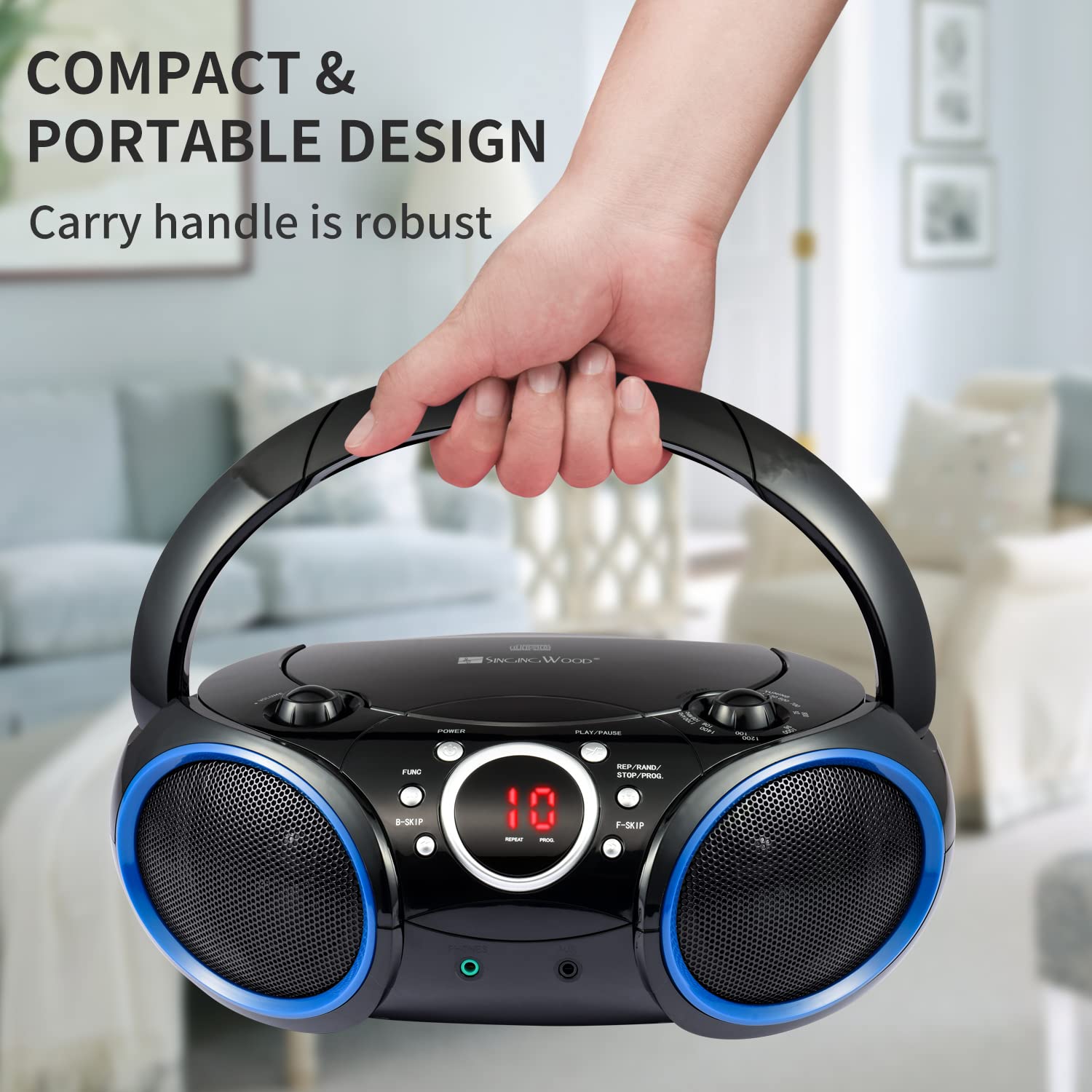 Singing Wood 030C Portable Cd Player Boombox With Am Fm Stereo Radio, Aux Line In, Headphone Jack, Supported Ac Or Battery Power
