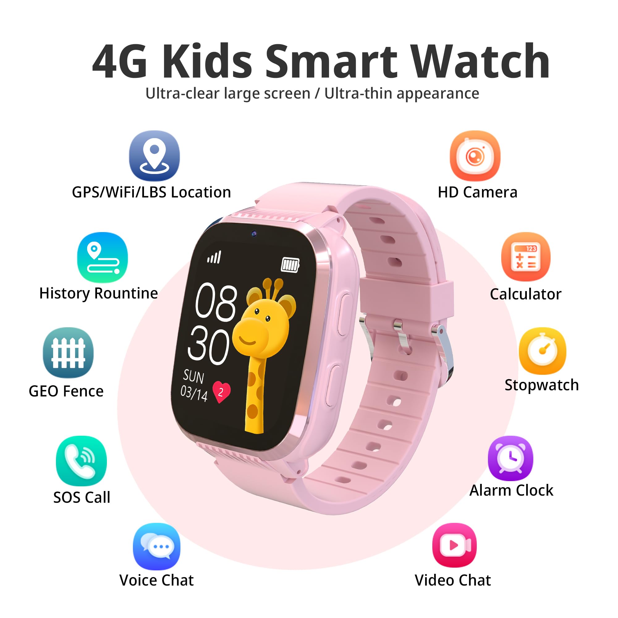 4G Kids Smart Watch Girls With Gps Tracker, Kids Gps Watch With Voice And Video Calling, One Key Sos Call, Hd Camera, Alarm Cloc
