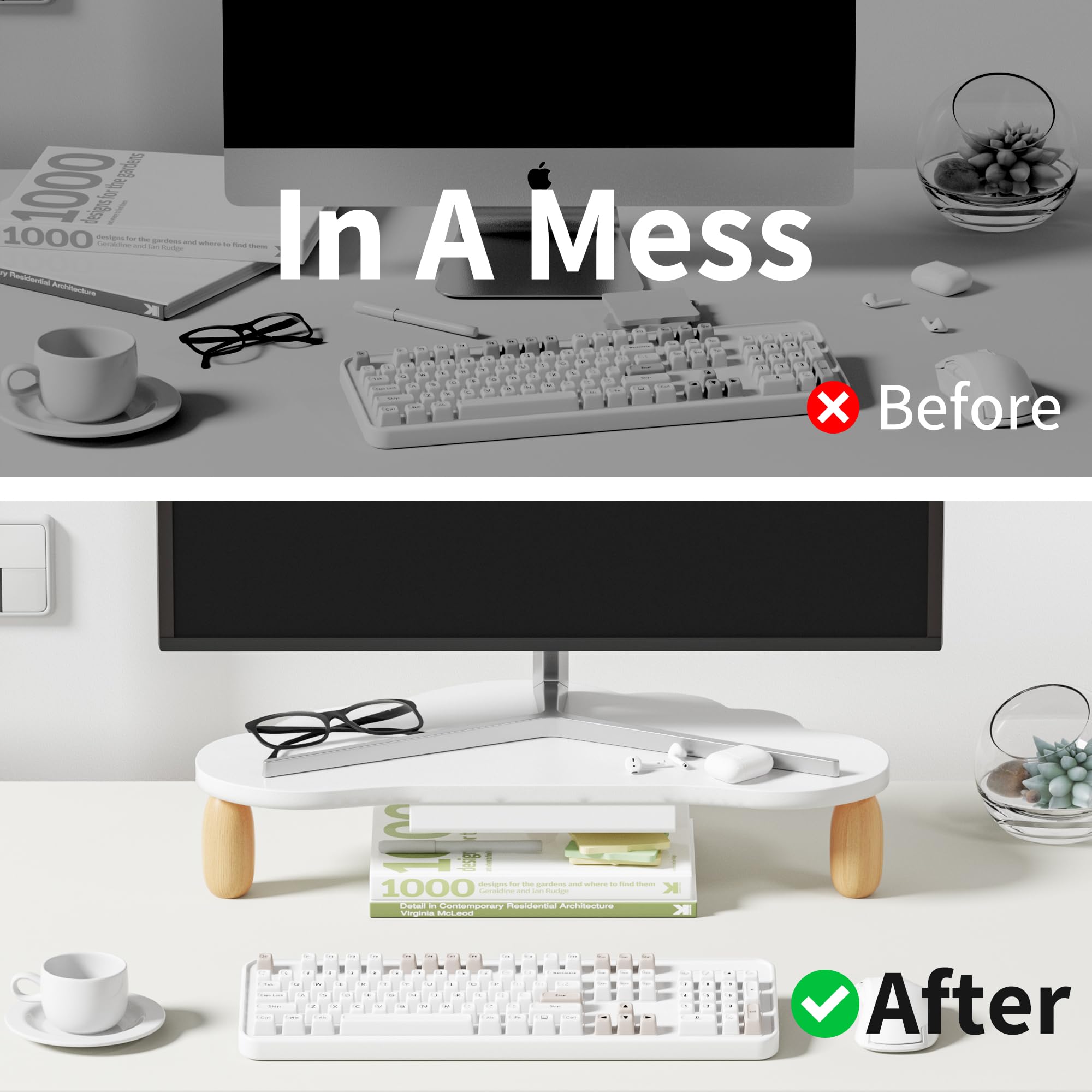 Afooyo Monitor Stand Riser,Cloud Shaped Sturdy Wood Computer Monitor Stand Wirh Drawer, Monitor Stand Riser, Multi Purpose Deskt