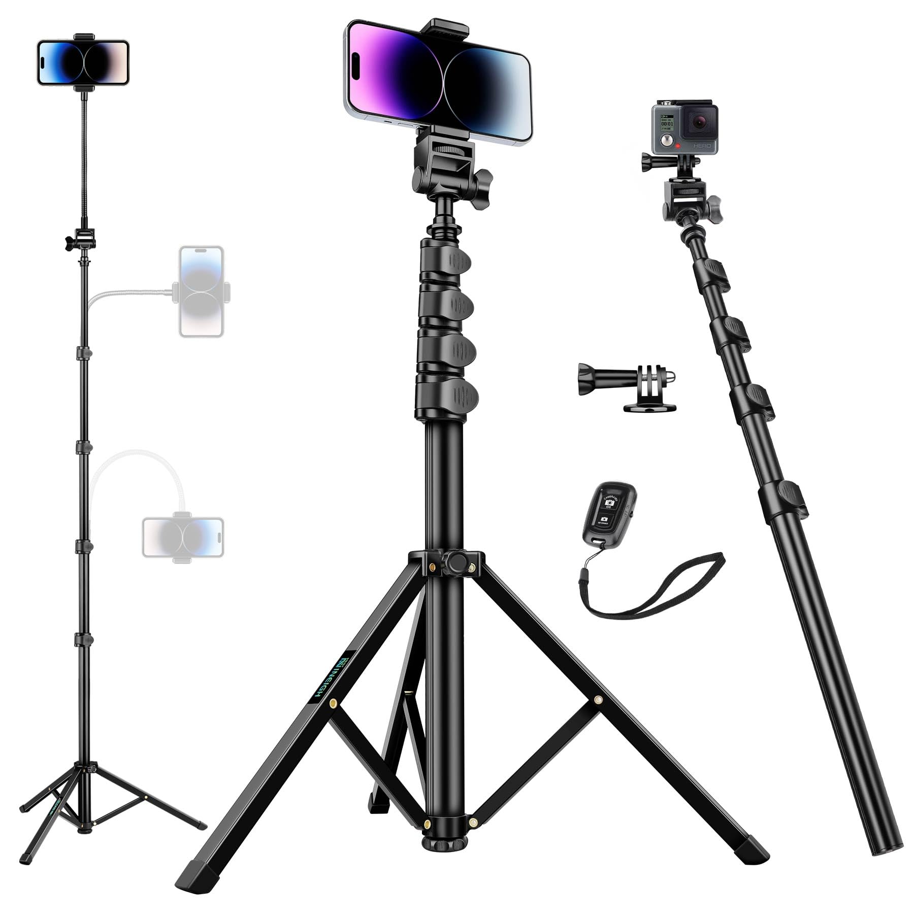 Nineigh 80'' Phone Tripod, Selfie Stick Cellphone Tripod, Aluminum Tripod Stand For Video Photo Vlog, Travel Phone Tripods With
