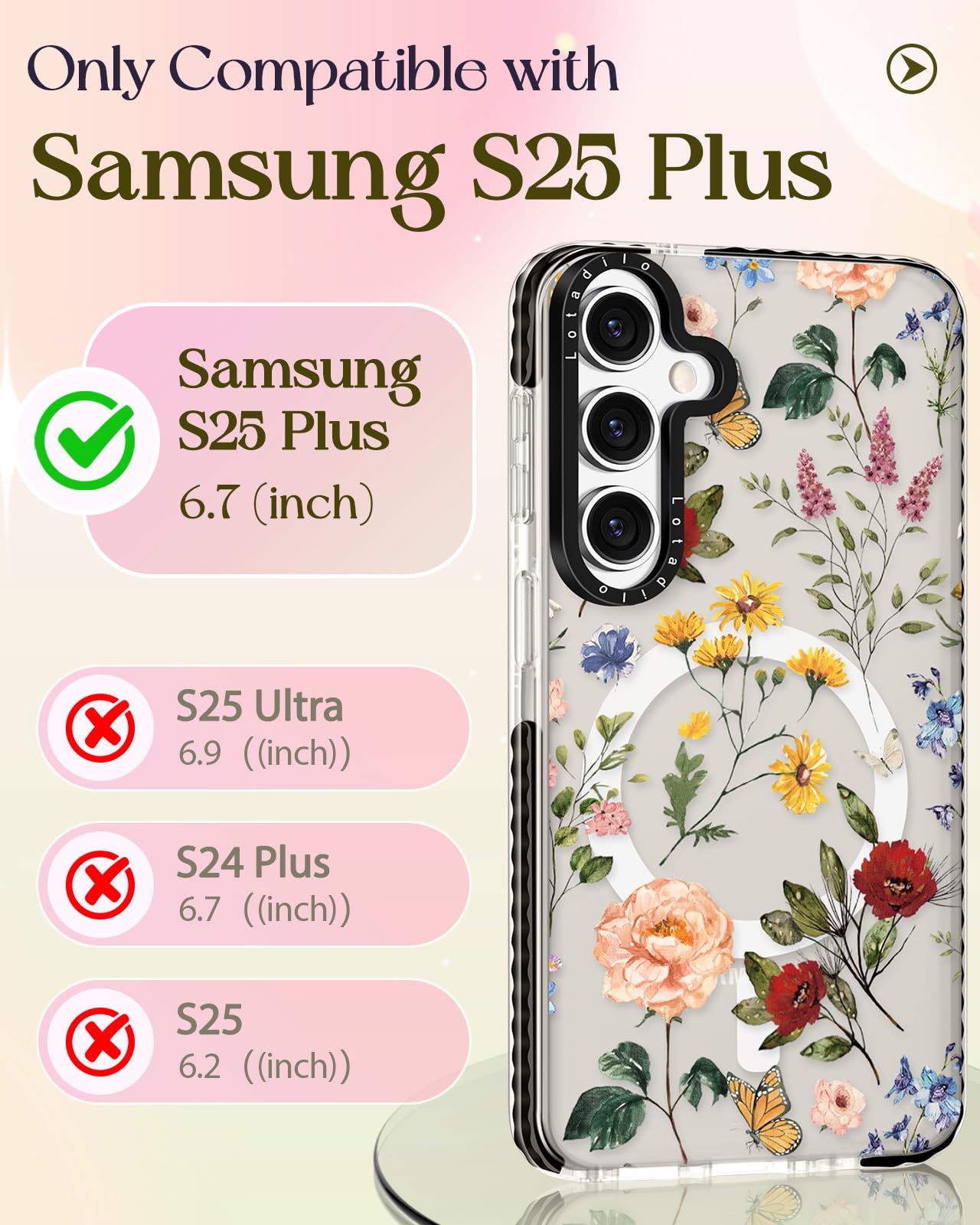 Lotadilo Cute Case For Samsung Galaxy S25 Plus For Women Girls - Funny Retro Flower Design Compatible With Magsafe Magnetic Ring