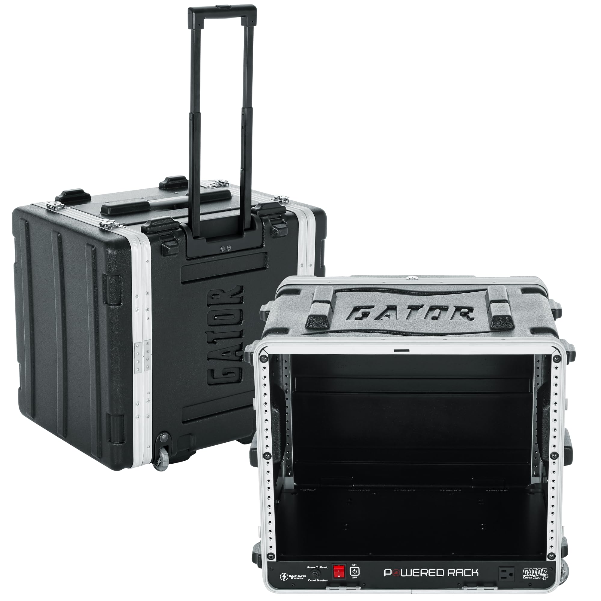 Gator Lightweight Molded 8U Rack Case with Built-in Power Supply, Heavy Duty Latches, Retractable Tow Handle, and Recessed Wheel