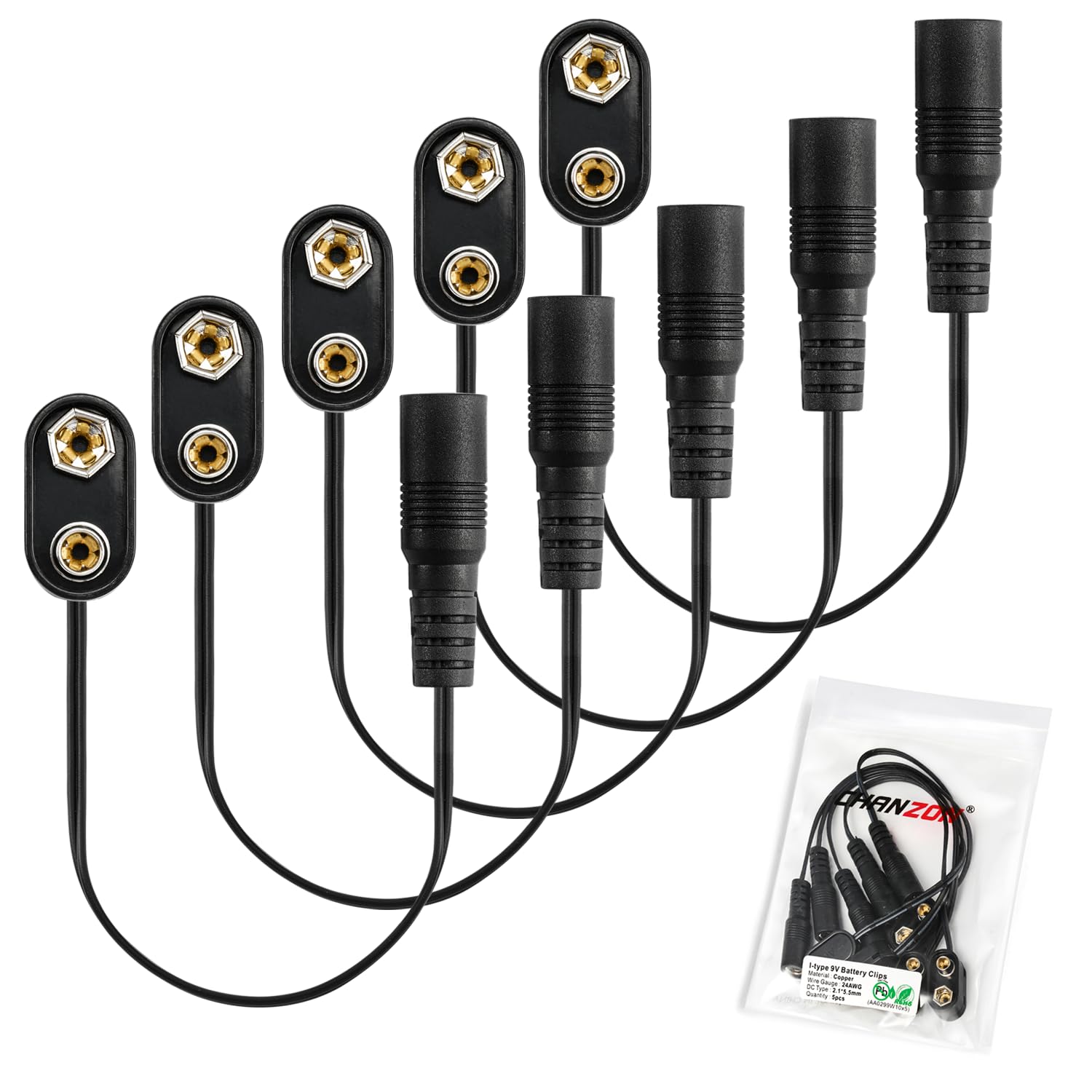 Chanzon Ul Wires 9V Female Connector Battery Clip 2.1Mm X 5.5Mm Converter 9 Volt Power Eliminator Adapter Supply Plastic I Type 5 Pack Connection