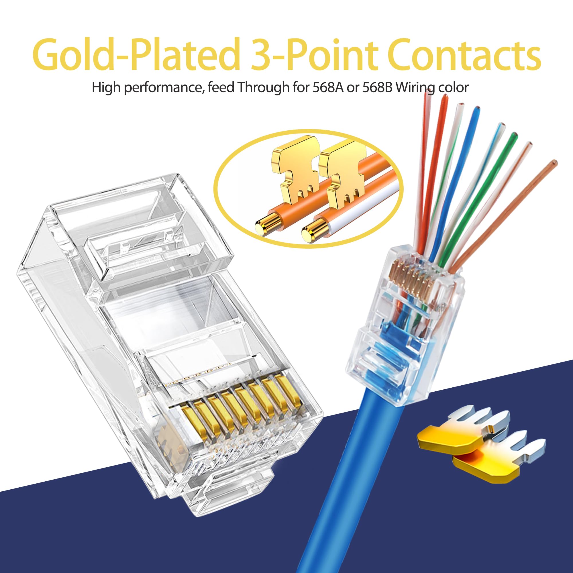 Petechtool Cat6 Rj45 Connectors Pass Through Cat6 Cat5 Ethernet Connector 100 Pack With Wire Stripper For Solid Or Stranded Utp