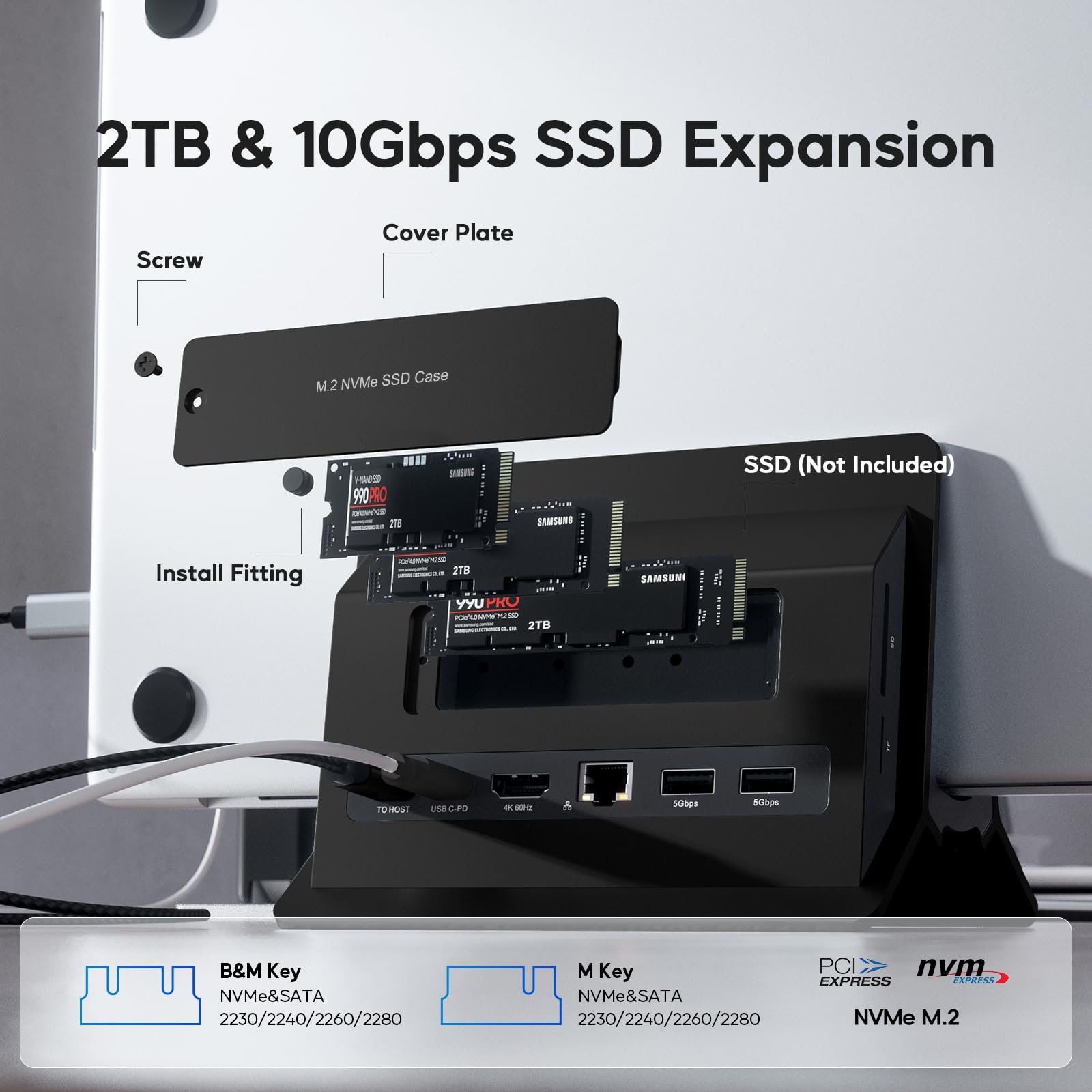 Vertical Macbook Docking Station, Pulwtop Docking Station For Mac Mini With M.2 Nvme Case For Macbook Pro/Air, 4K@60Hz Hdmi, 2Us