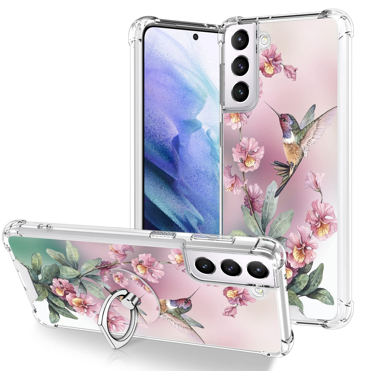 Ook Clear Case Compatible With Samsung Galaxy S21 Plus 5G, Pink Hummingbird Pattern Flexible Tpu Shockproof Anti-Scratch Bumper 