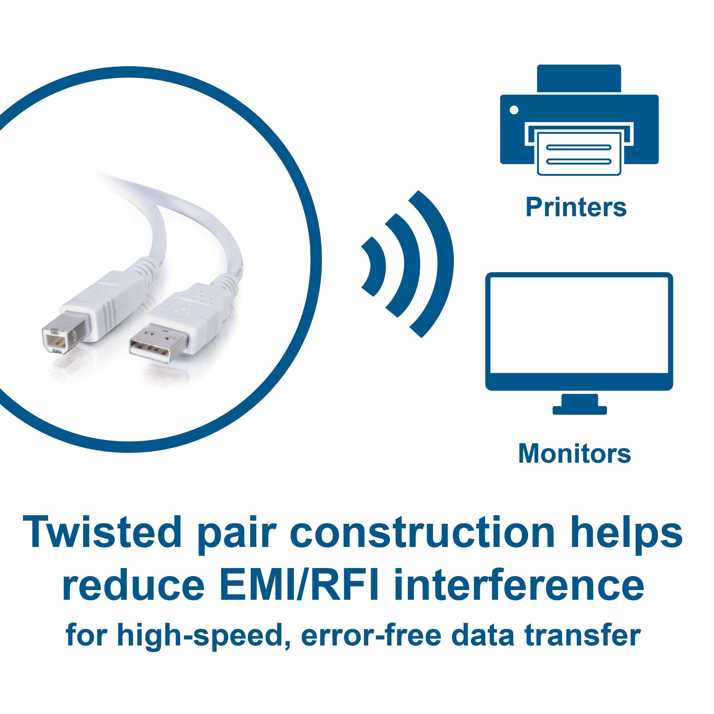 C2G Usb Connection Cable, Usb 2.0 A To B Cable, Plug And Play Usb Hub With Long Usb Extension Cable, 6.5 Foot Usb Cable, White,