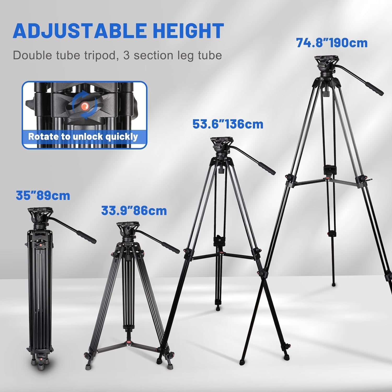 Video Tripod, Coman 74'' Professional Heavy Duty Camera Tripods With Quick Release Plate And 360 Fluid Head, Tall Travel Tripod