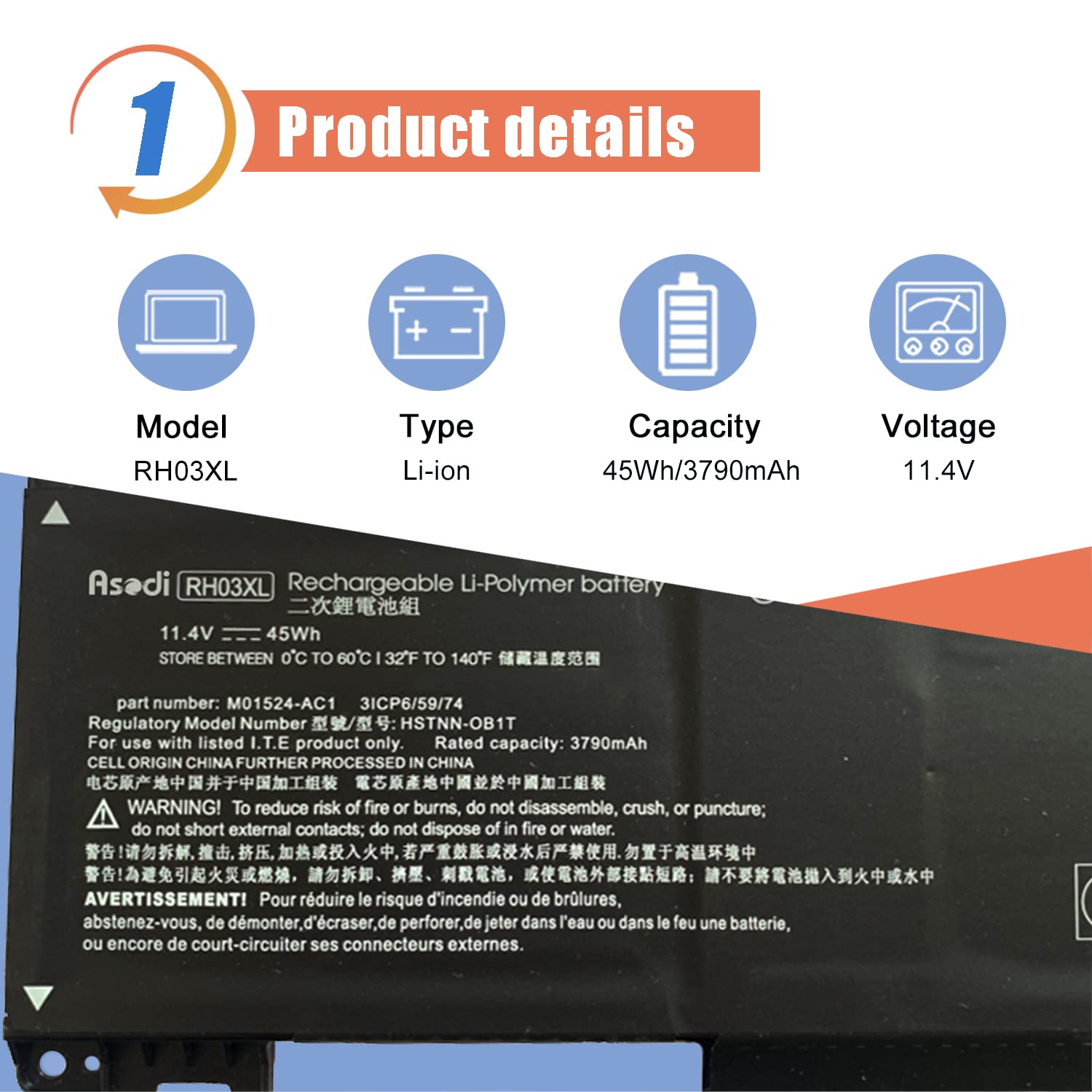 Asodi Rh03Xl M01524 1D1 M02027 005 Laptop Battery Compatible With Hp Probook 430 440 445 450 630 640 650 G8 Series Hstnn Ib9Q Hs