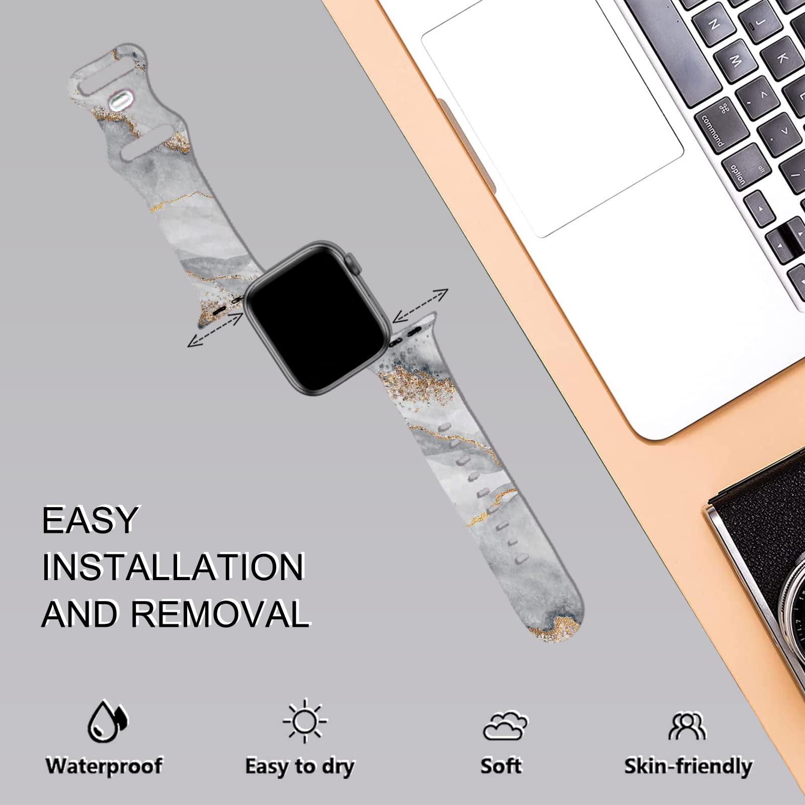 Sqweey Watch Band Compatible With Apple Watch Bands 38Mm 40Mm 41Mm Women Men, White Gold Marble Pattern Silicone Strap Replaceme