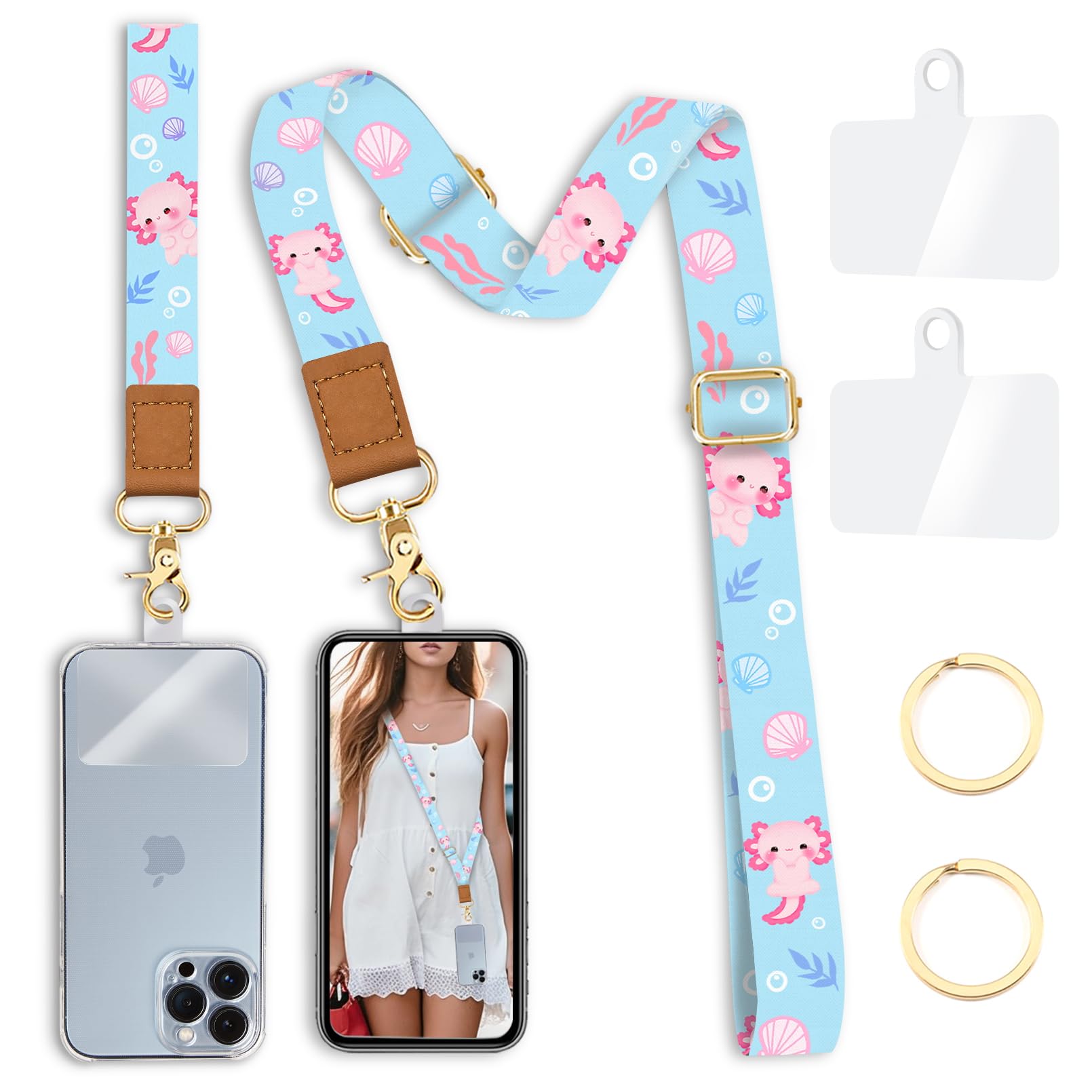 Cell Phone Lanyard Crossbody With Wrist Strap, Cute Axolotls Phone Lanyards For Around The Neck Wristlet Adjustable Phone Strap,