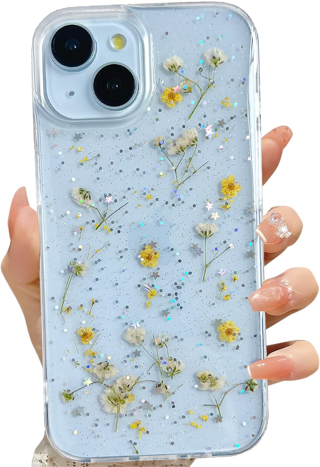 Lseeka For Iphone 15 / Iphone 14/ Iphone 13 Clear Case With Pressed Real Flowers Design,Glitter Cute Yellow Floral Pattern Soft