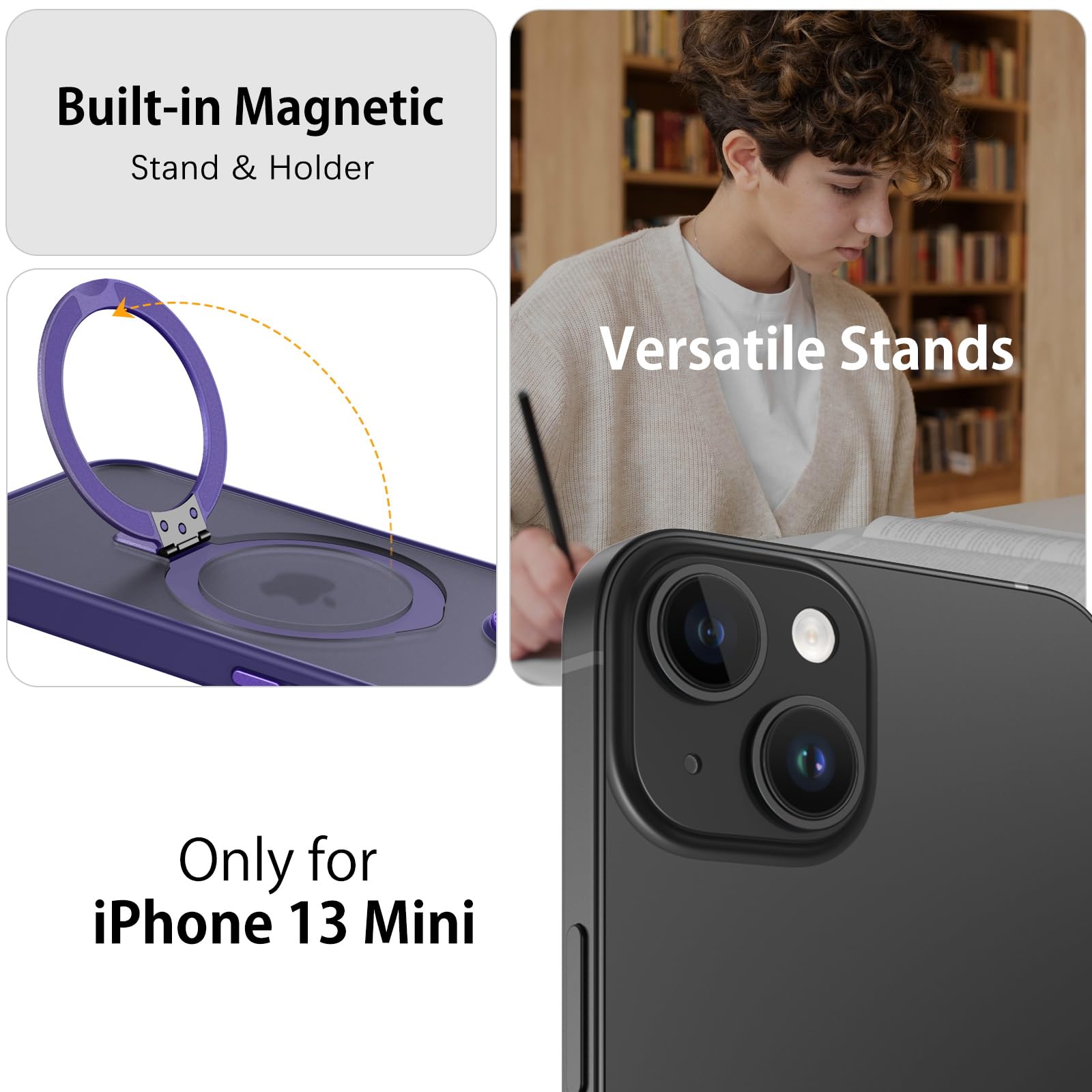 Duedue For Iphone 13 Mini Case Magnetic, Built-In Ring Holder Translucent Matte Back Protective Cover Shockproof Kickstand Phone