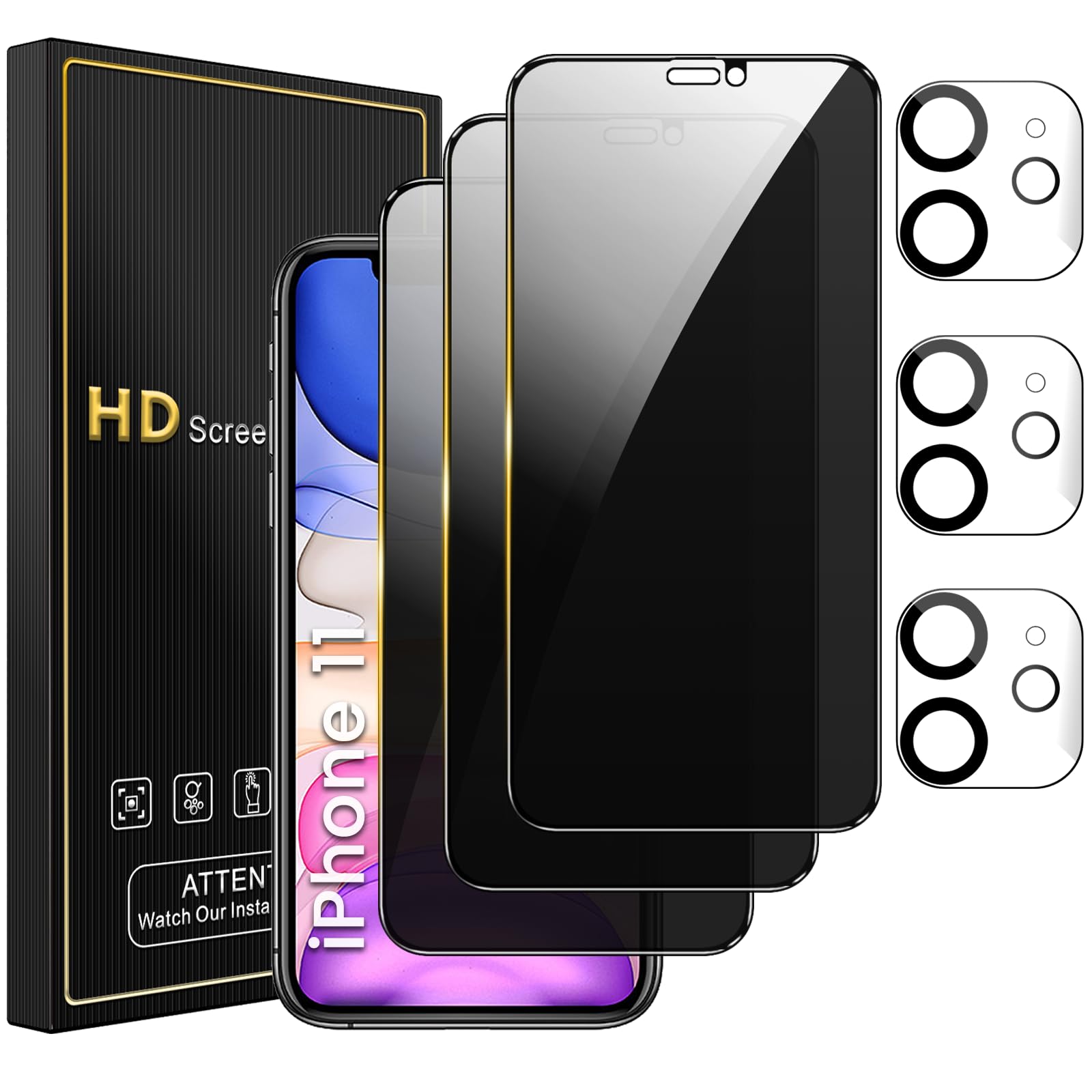 Nbiefuny 3 Pack Privacy Screen Protector For Iphone 11 6.1 Inch With 3 Pack Camera Lens Protector, Anti Spy Tempered Glass Film,