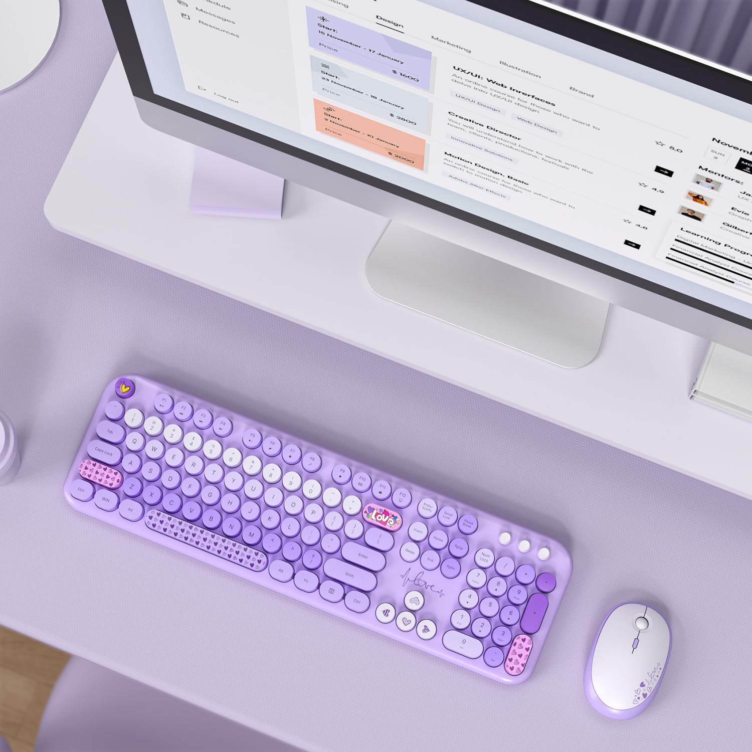 Mofii Wireless Keyboard And Mouse Combo   Pale Purple Full Sized Plug And Play Colorful Computer Keyboards   104 Keys Round Keyc