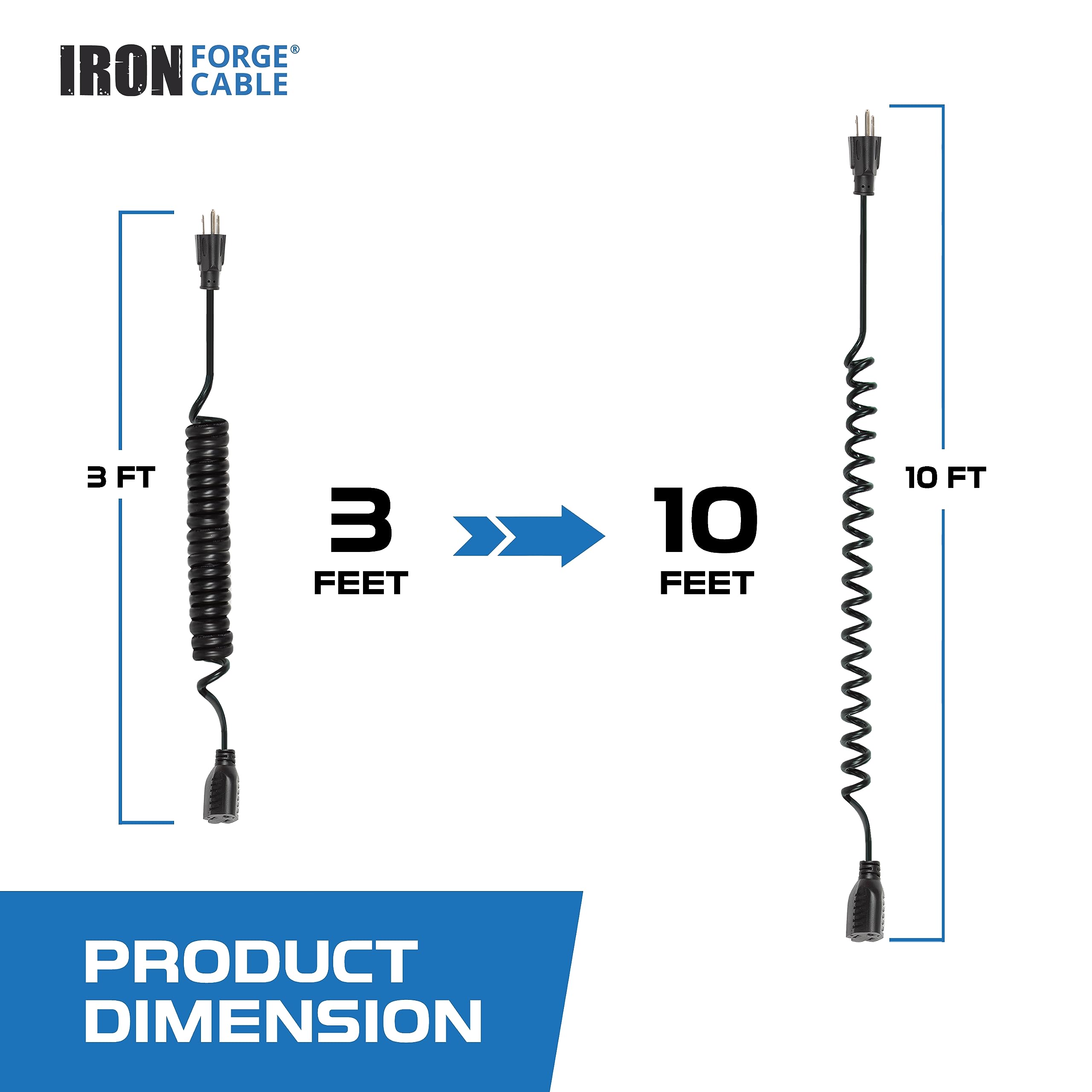 Iron Forge Cable Sjeow Black Outdoor Coiled Extension Cord 10 Ft,13 Amp Oil Resistant & Flame Retardant 3 Prong Coiled Electrica