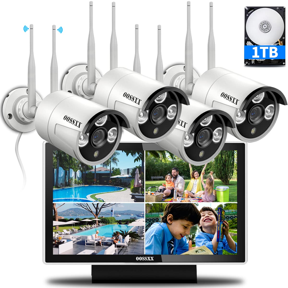 (All In One Monitor) 2 Antennas Enchance Outdoor Security Camera System Wireless With Monitor Wifi Home Surveillance System 3.0Mp Video Surveillance