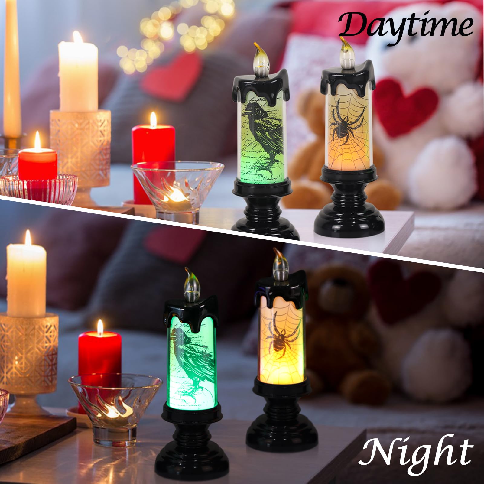 Lasumora 3Pcs Led Pillar Candles With Remote Timer, Battery Operated Halloween Flameless Candles, Skull, Spider, Crow Flickering