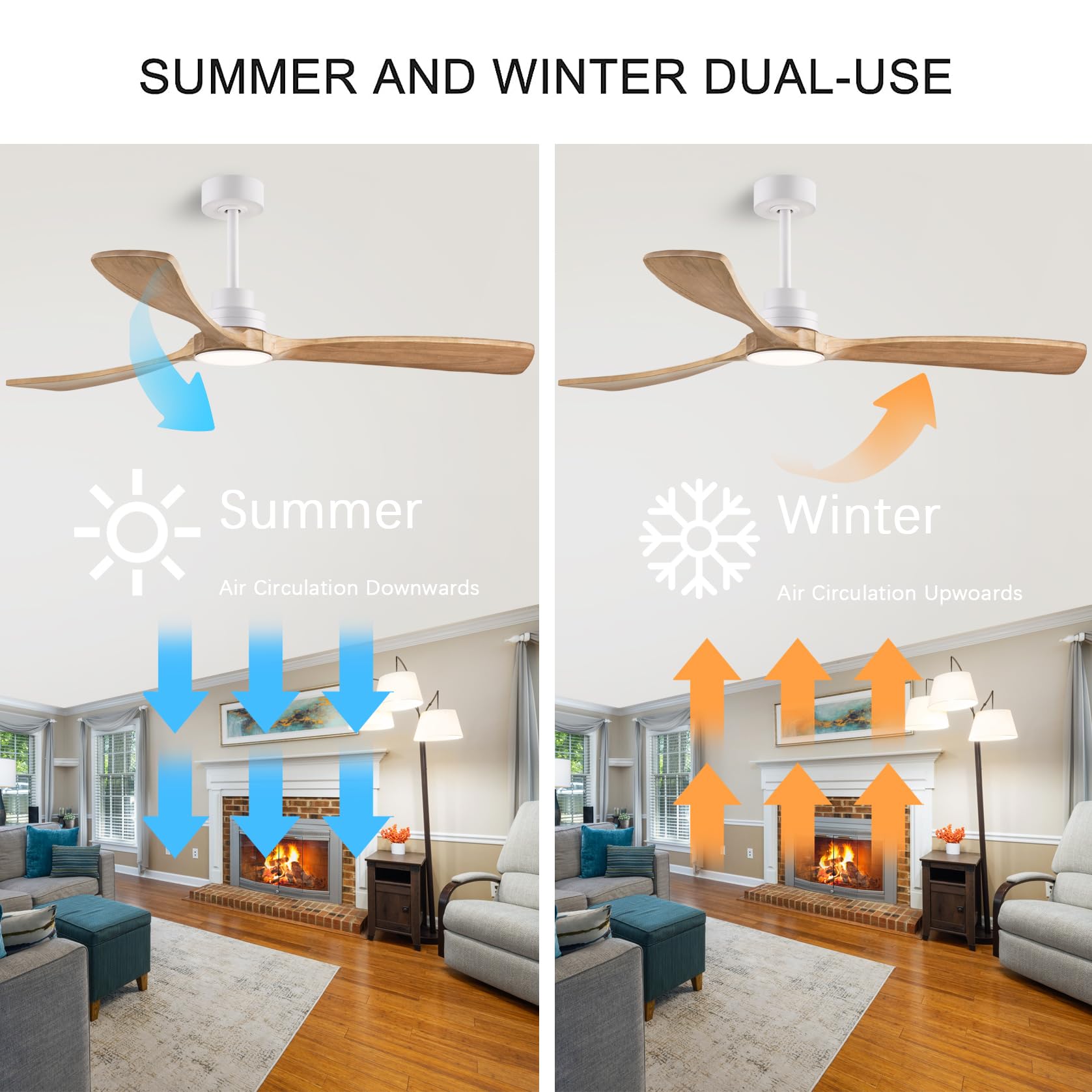 Dearnow 60'' Ceiling Fans With Light With Remote Control, Indoor Outdoor Wood Ceiling Fan With 3 Wood Blades For Living Room, Ha