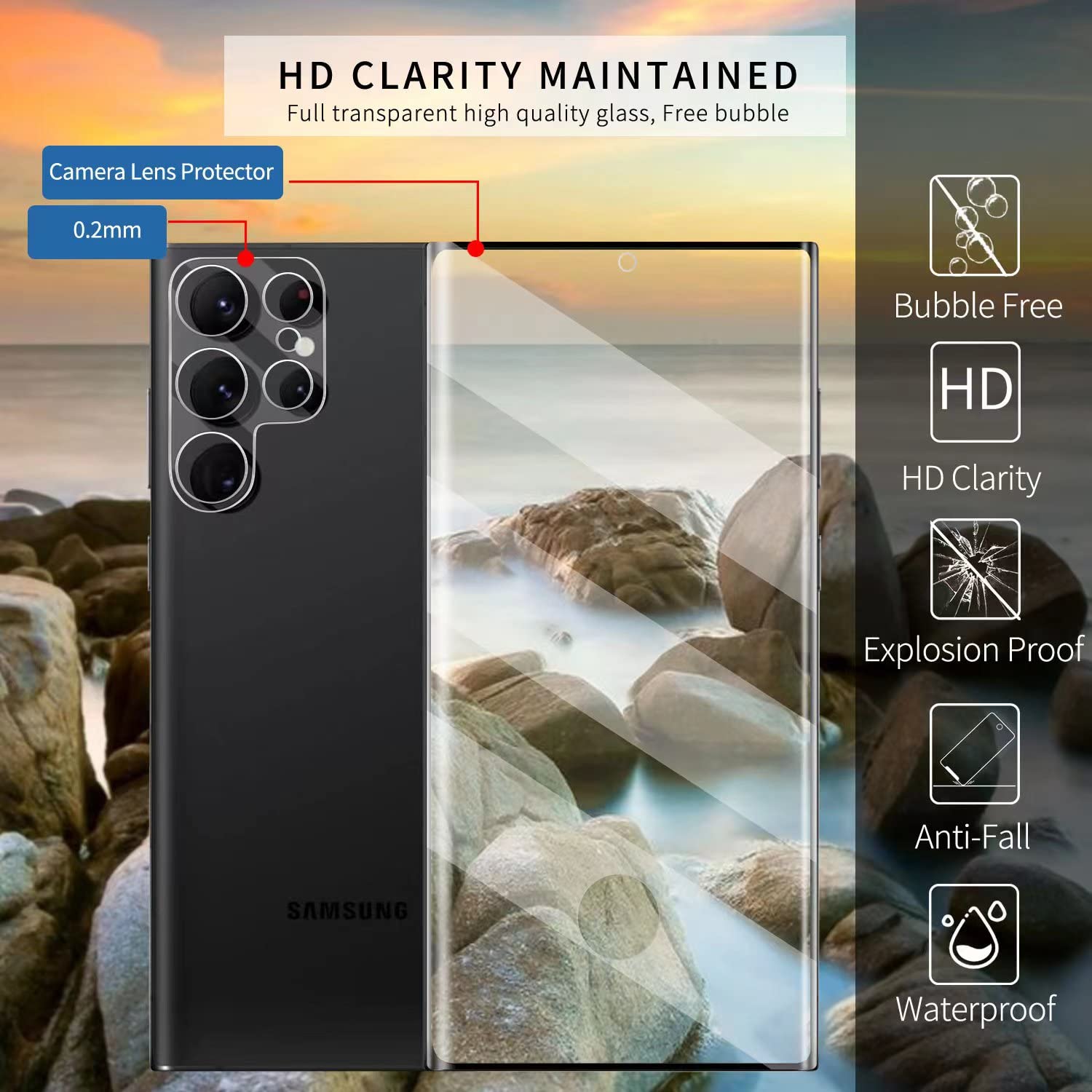 [2+2 Pack] Galaxy S22 Ultra Screen Protector, Tempered Glass, Ultrasonic Fingerprint Support, 3D Curved, Hd Clear Scratch Resist