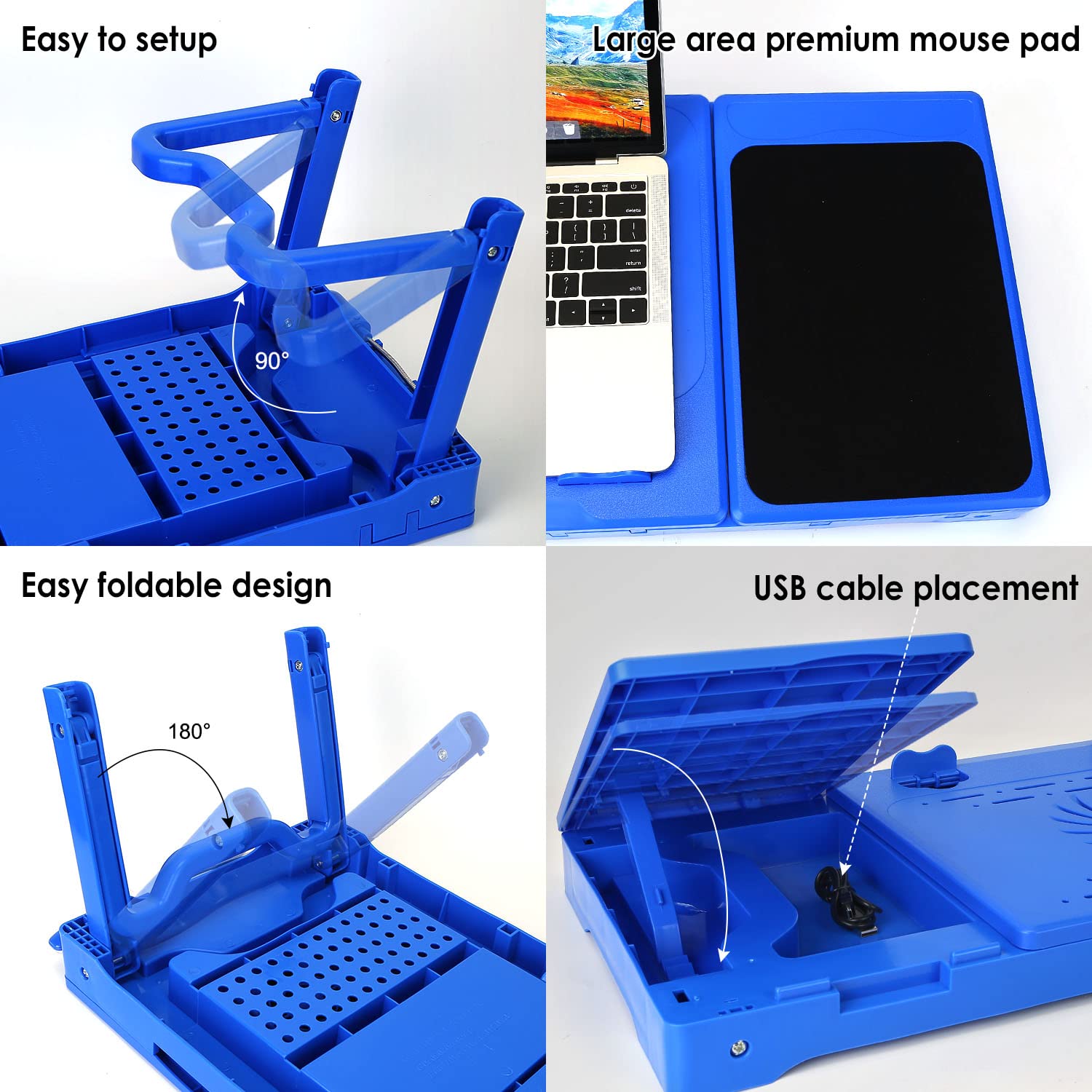 Laptop Desk For Bed,Laptop Bed Tray Table For Couch Sofa,Portable Adjustable Height Foldable Laptop Desk With Cooling Fan Led Light Mouse Pad 4 Port Usb Hub(Blue)