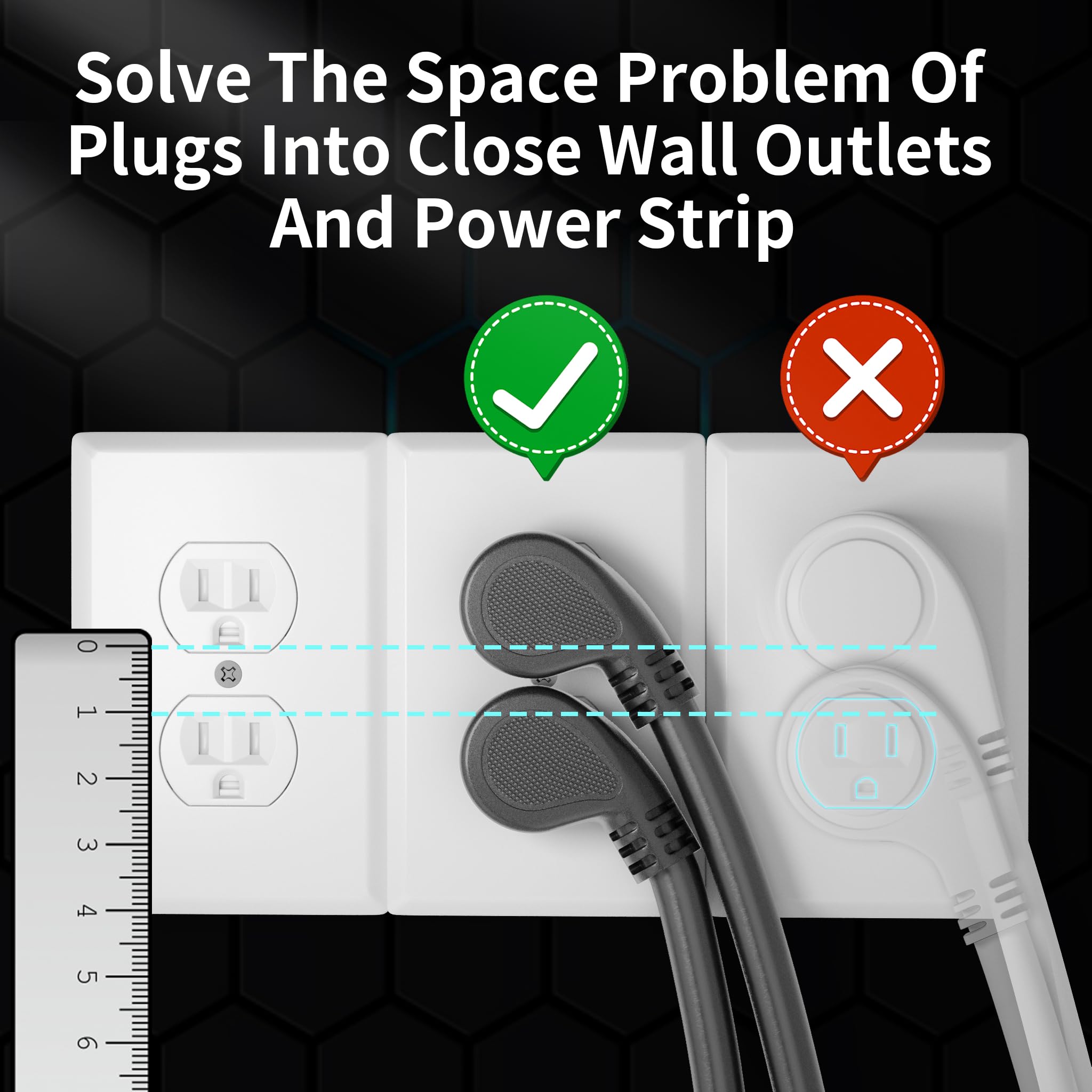 Huanchain 14 Gauge 3 Feet (3 Pack) Flat Plug Extension Cord Black Indoor Outdoor, Heavy Duty 3 Prong Grounded Low Profile Extens