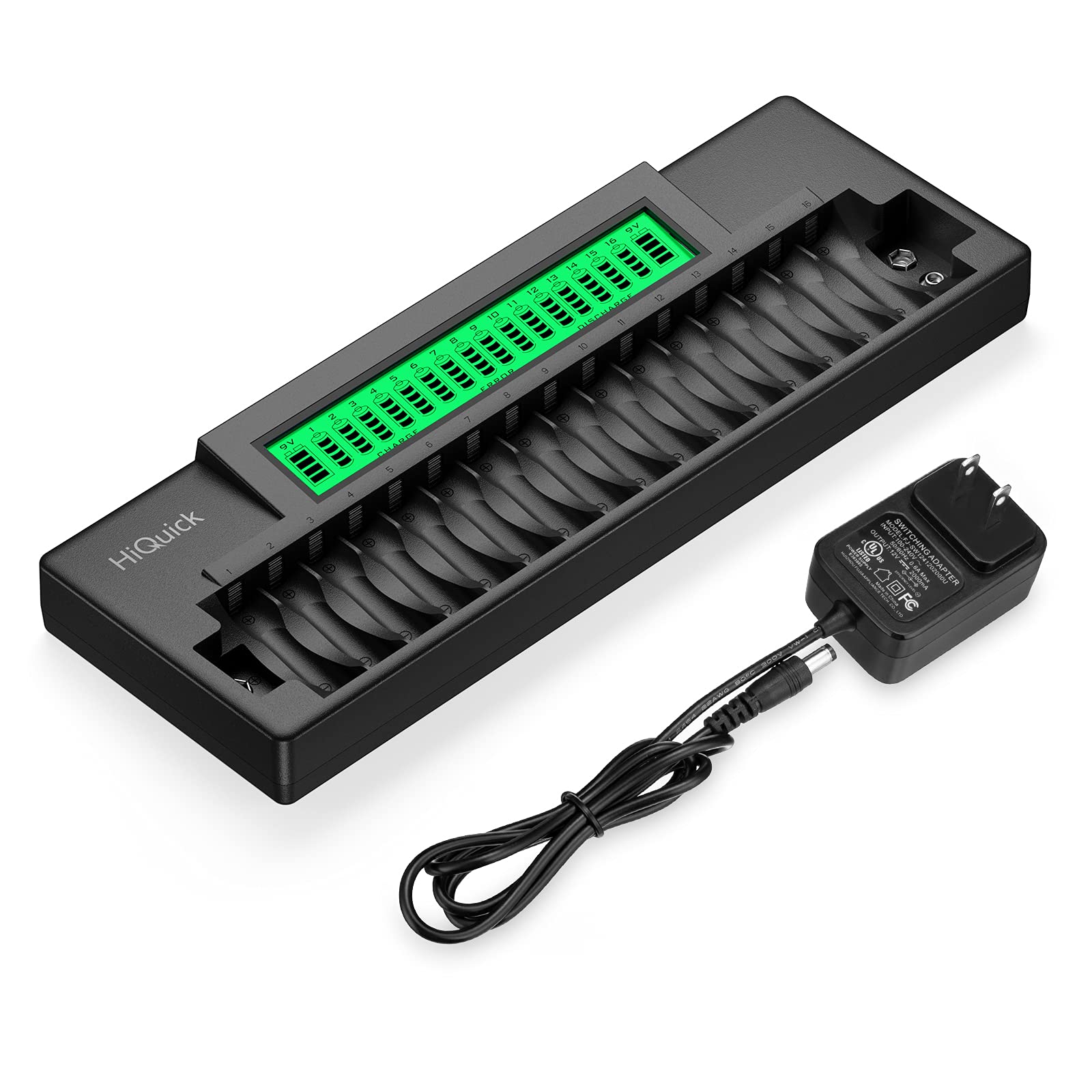 Hiquick 16+2 Bay Rechargeable Battery Charger Fast Charging For Aa Aaa Nimh/Ni Cd Batteries & 9V Nimh/Li Ion Rechargeable Batter