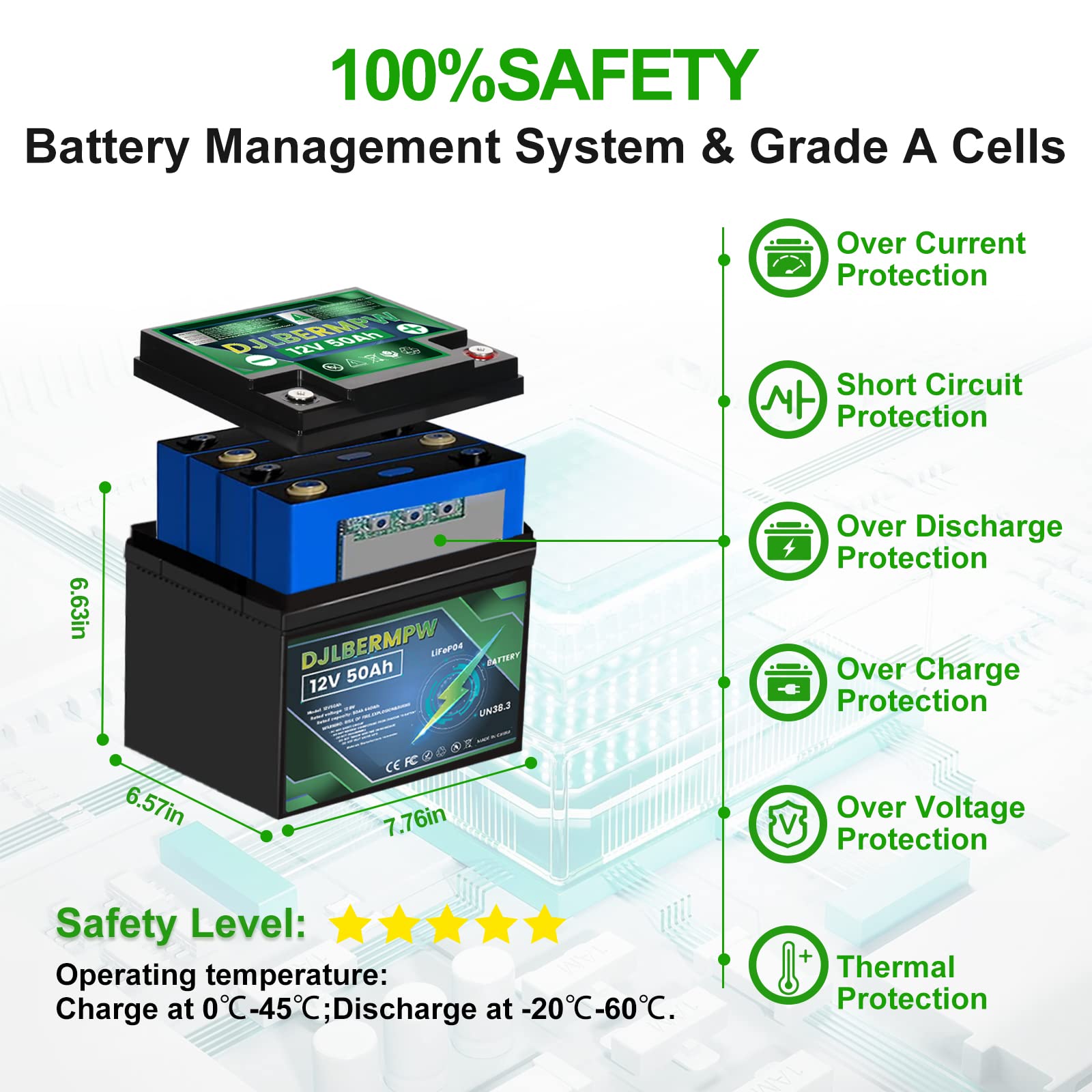DJLBERMPW 12V 50Ah LiFePO4 Lithium Battery with 50A BMS for RV, Marine, Solar, Camper - 640W Power, 4000+