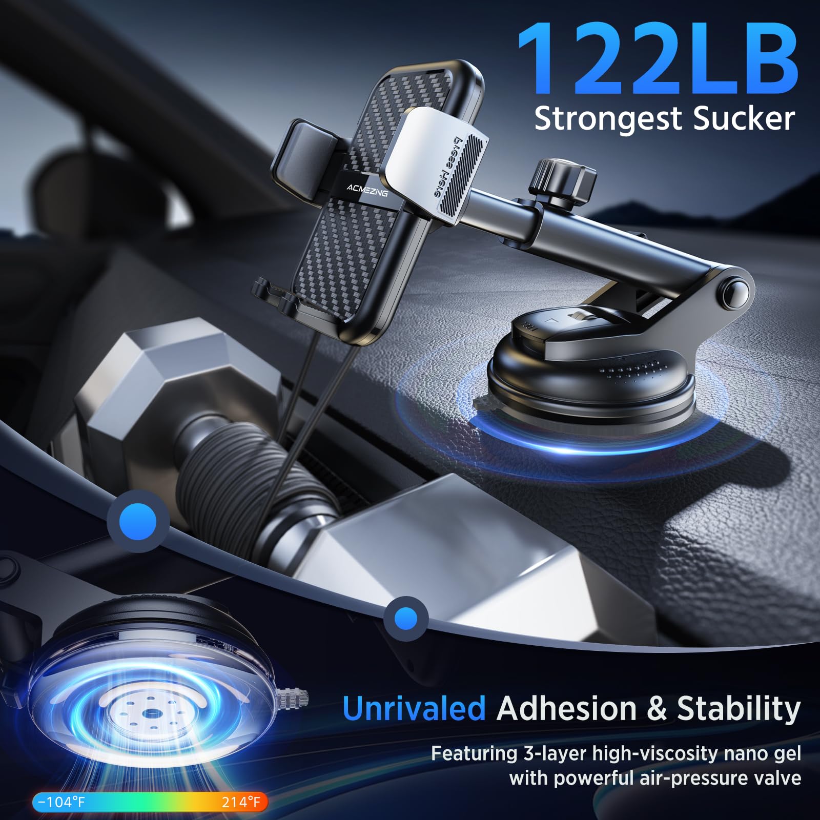 3-In-1 Car Phone Holder [122+Lbs Strongest Suction & Stable Clamp Arm] 360 Adjustable Car Phone Mount, Cell Phone Holders For Yo