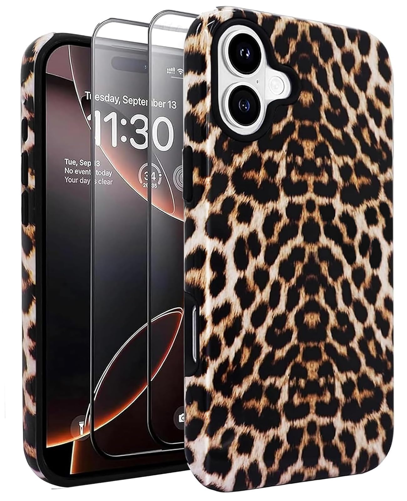 J.west for iPhone 16 Plus Case 6.7 inch with 2 Pack Tempered Glass Screen Protectors Cheetah Animal Leopard Floral Hybrid Cover 