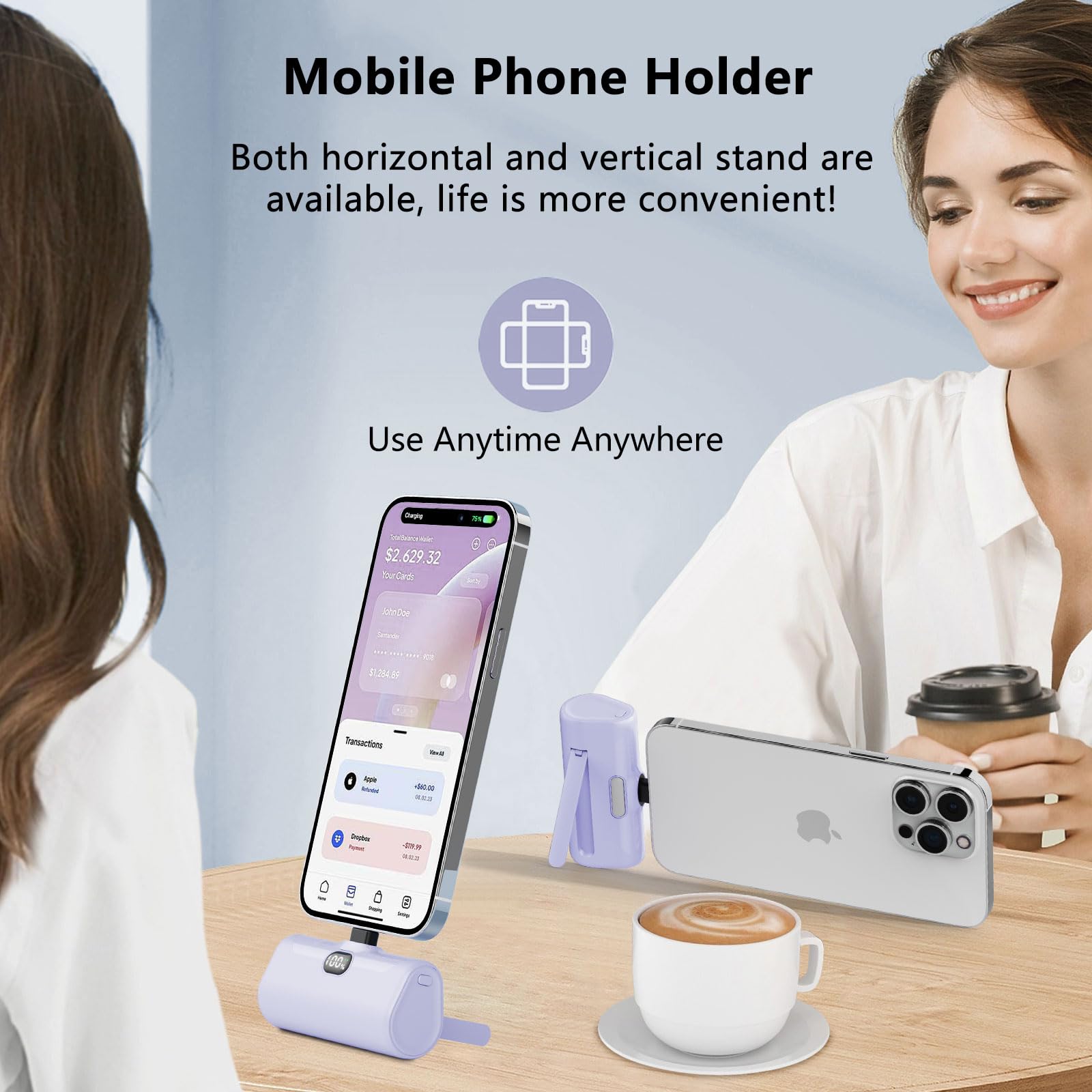 Luckyduo Mini Portable Charger For Iphone,5000Mah Ultra Compact Small Power Bank Built-In Phone Holder And Led Light,Lcd Display