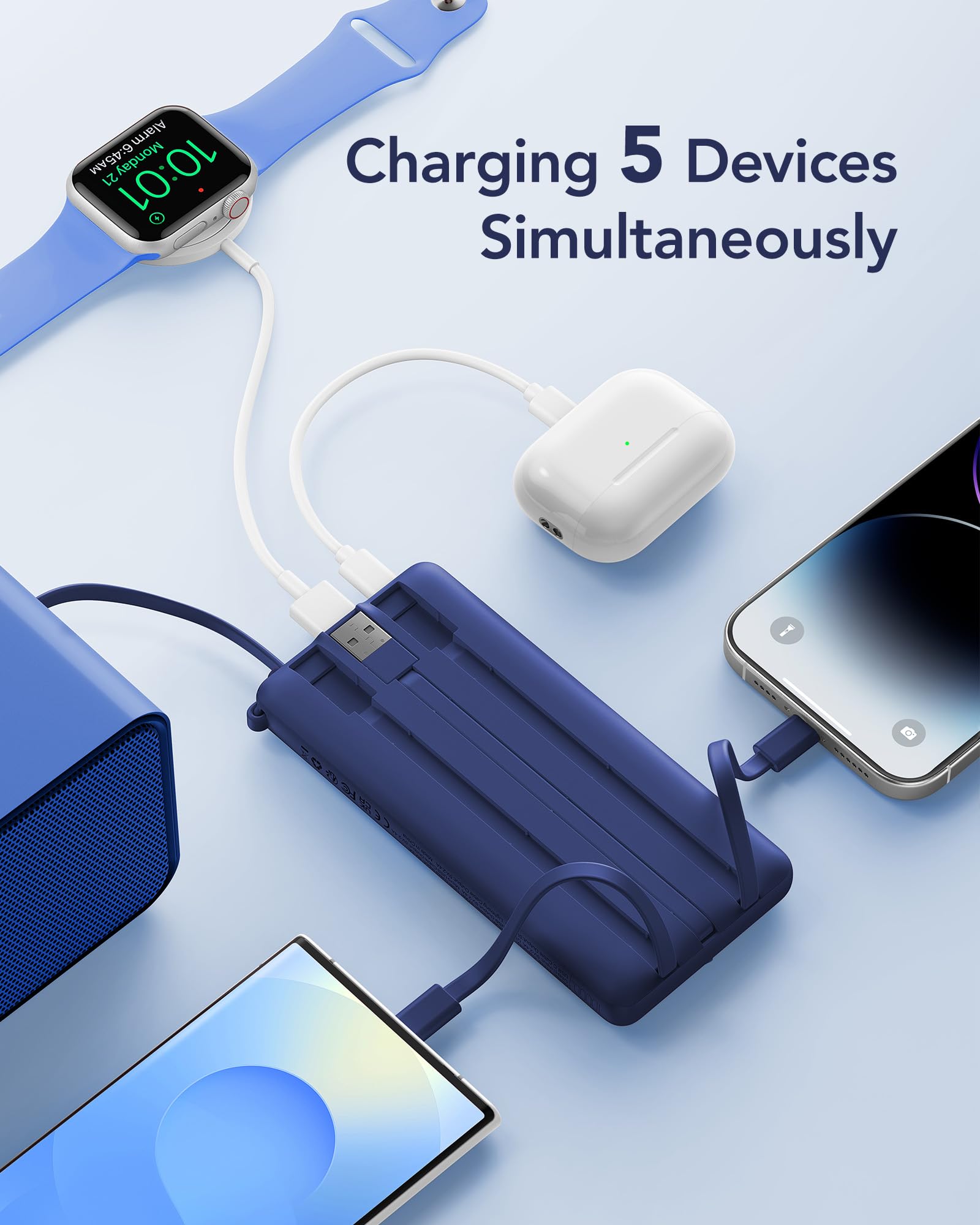 Vrurc Portable Charger Power Bank, 10000Mah Travel Essentials, 5 Outputs 2 Inputs Slim Battery Pack Built-In Cables Cords Compat