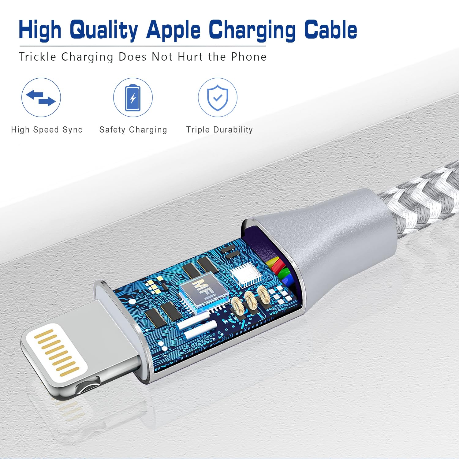 Fushok 1ft Nylon Braided iPhone Charger 2-Pack, MFi Certified USB A to Lightning Cable, Silver, Compatible with iPhone 14/13/12/11 Pro/